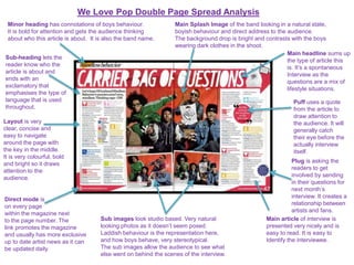 We Love Pop Double Page Spread Analysis
Minor heading has connotations of boys behaviour.
It is bold for attention and gets the audience thinking
about who this article is about. It is also the band name.
Main Splash Image of the band looking in a natural state,
boyish behaviour and direct address to the audience.
The background drop is bright and contrasts with the boys
wearing dark clothes in the shoot.
Main headline sums up
the type of article this
is. It’s a spontaneous
Interview as the
questions are a mix of
lifestyle situations.
Layout is very
clear, concise and
easy to navigate
around the page with
the key in the middle.
It is very colourful, bold
and bright so it draws
attention to the
audience.
Direct mode is
on every page
within the magazine next
to the page number. The
link promotes the magazine
and usually has more exclusive
up to date artist news as it can
be updated daily.
Sub-heading lets the
reader know who the
article is about and
ends with an
exclamatory that
emphasises the type of
language that is used
throughout.
Sub images look studio based. Very natural
looking photos as it doesn’t seem posed.
Laddish behaviour is the representation here,
and how boys behave, very stereotypical.
The sub images allow the audience to see what
else went on behind the scenes of the interview.
Puff uses a quote
from the article to
draw attention to
the audience. It will
generally catch
their eye before the
actually interview
itself.
Plug is asking the
readers to get
involved by sending
in their questions for
next month’s
interview. It creates a
relationship between
artists and fans.
Main article of interview is
presented very nicely and is
easy to read. It is easy to
Identify the interviewee.
 