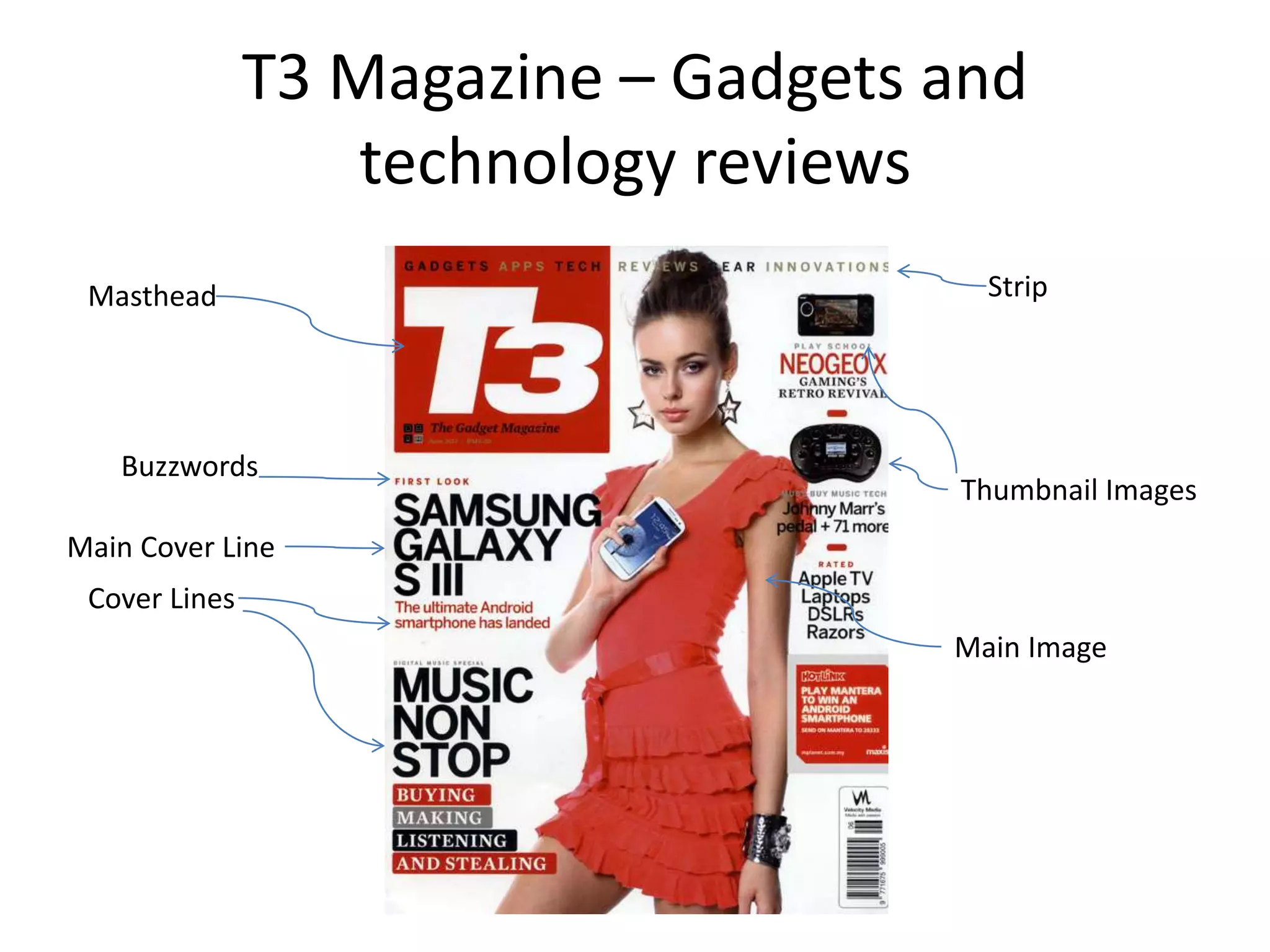 T3 Magazine – Gadgets and
technology reviews
Main Cover Line
Thumbnail Images
Buzzwords
Masthead Strip
Cover Lines
Main Image
 