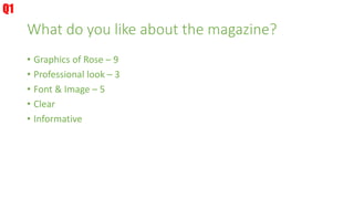 What do you like about the magazine?
• Graphics of Rose – 9
• Professional look – 3
• Font & Image – 5
• Clear
• Informative
Q1
 
