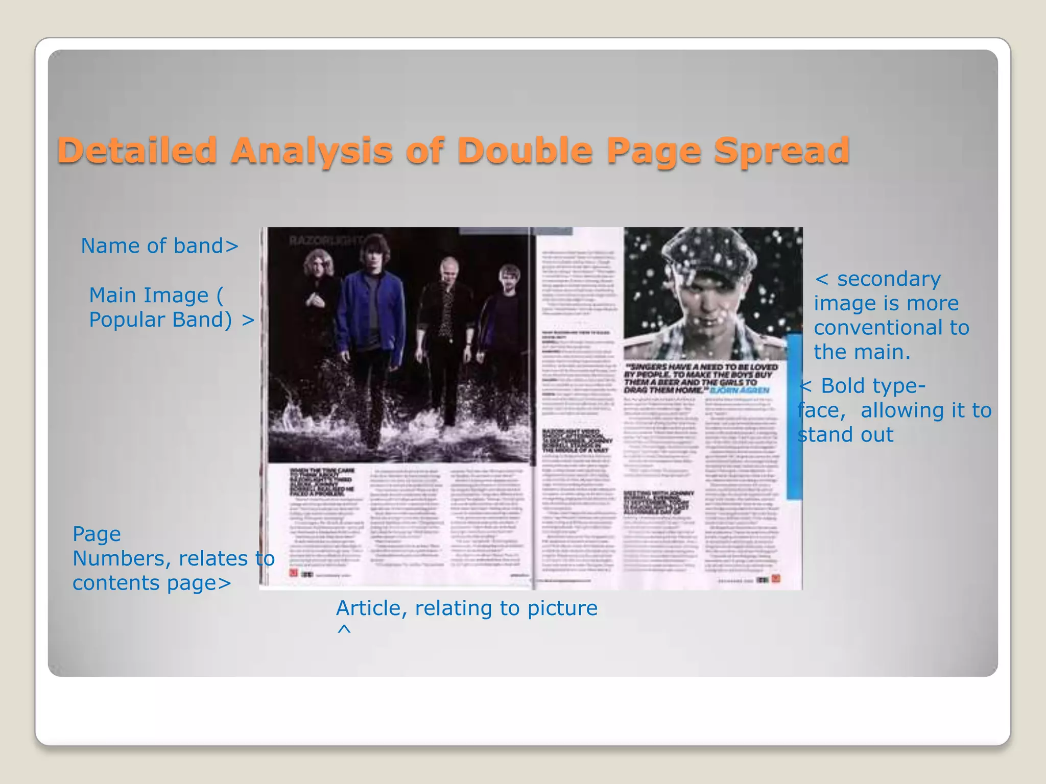 Detailed Analysis of Double Page Spread

 Name of band>
                                                      < secondary
 Main Image (                                         image is more
 Popular Band) >                                      conventional to
                                                      the main.
                                                     < Bold type-
                                                     face, allowing it to
                                                     stand out



Page
Numbers, relates to
contents page>
                      Article, relating to picture
                      ^
 
