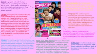 Colour: Bright pinks yellows & blue’s are
used as they are eye-catching, they standout
and the create a happy and girly atmosphere
which connects with the target audience. They
are inviting colours which make the reader
want to see inside.

Design: The image is of One Direction which the
target audience (teenage girls) are completely
obsessed with. The puff is linked to the image
using the buzz word ‘WIN’, this will make the
reader want to win the t-shirts because they are
associated with One Direction. Also capital letters
are used for cover lines to convey that that is the
most important information on the cover. The
word ‘unleashed’ creates excitement making the
readers want to find out more. They use informal
lexis e.g. “phew” – this is associated with the
target audience and creates a humorous friendly
inviting atmosphere.

Images: The main image is of One Direction, these boys
attract the reader because they are seen as attractive and
girls desperately want to meet them. This also links to the
main story, you are getting to know them so the readers
feel on a more personal level. There is also images of the
poster which are included inside, therefore if the reader
wants that poster they will buy the magazine.

The use of words: The ‘1D UNLEASHED’
suggests the interest of the readers because they
want to know more about them. This is big enough
to read from a distance so it is the first thing you
notice therefore being the most important focus.

Language: The word ‘outrageous’
associated with Union J has connotations
that something bad has happened and there
is gossip, the readers will want to read the
magazine to find out what the boy band has
done. I cannot see any language features,
therefore to improve I would add an
onomatopoeia word to grab the attention
even more.

Impression: The cover gives a really good
impression of what’s inside because there’s stories with
1D etc. It is designed to appeal to the readers interests
by using boy bands which girls appear to be obsessed
with.

Pose, style, hair, makeup: The poses of the models
are all happy and cheeky which creates a fun and happy
mood. They are very fashionable, it is what the target
audience would want boys their age to wear so therefore
is appealing. In addition all of the hair is different, this
could create an opinion where the reader chooses which
one they prefer which again creates a more personal
level. Their skin is clear which highlights their ‘perfection’.

Institution: Immediate Media Company
publish this magazine, they publish all BBC
related magazines. This magazine would be
distributed in most newsagents and big
supermarkets.

 