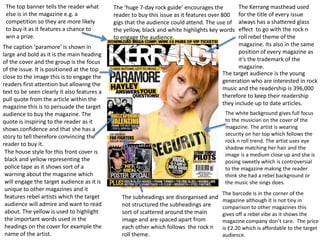 The Kerrang masthead used
for the title of every issue
always has a shattered glass
effect to go with the rock n
roll rebel theme of the
magazine. Its also in the same
position of every magazine as
it’s the trademark of the
magazine.
The white background gives full focus
to the musician on the cover of the
magazine. The artist is wearing
security on her top which follows the
rock n roll trend. The artist uses eye
shadow matching her hair and the
image is a medium close up and she is
posing sweetly which is controversial
to the magazine making the reader
think she had a rebel background or
the music she sings does.
The subheadings are disorganised and
not structured the subheadings are
sort of scattered around the main
image and are spaced apart from
each other which follows the rock n
roll theme.
The house style for this front cover is
black and yellow representing the
police tape as it shows sort of a
warning about the magazine which
will engage the target audience as it is
unique to other magazines and it
features rebel artists which the target
audience will admire and want to read
about. The yellow is used to highlight
the important words used in the
headings on the cover for example the
name of the artist.
The top banner tells the reader what
else is in the magazine e.g. a
competition so they are more likely
to buy it as it features a chance to
win a prize.
The caption ‘paramore’ is shown in
large and bold as it is the main heading
of the cover and the group is the focus
of the issue. It is positioned at the top
close to the image this is to engage the
readers first attention but allowing the
text to be seen clearly it also features a
pull quote from the article within the
magazine this is to persuade the target
audience to buy the magazine. The
quote is inspiring to the reader as it
shows confidence and that she has a
story to tell therefore convincing the
reader to buy it.
The target audience is the young
generation who are interested in rock
music and the readership is 396,000
therefore to keep their readership
they include up to date articles.
The ‘huge 7-day rock guide’ encourages the
reader to buy this issue as it features over 800
gigs that the audience could attend. The use of
the yellow, black and white highlights key words
to engage the audience.
The barcode is in the corner of the
magazine although it is not tiny in
comparison to other magazines this
gives off a rebel vibe as it shows the
magazine company don’t care. The price
is £2.20 which is affordable to the target
audience.
 