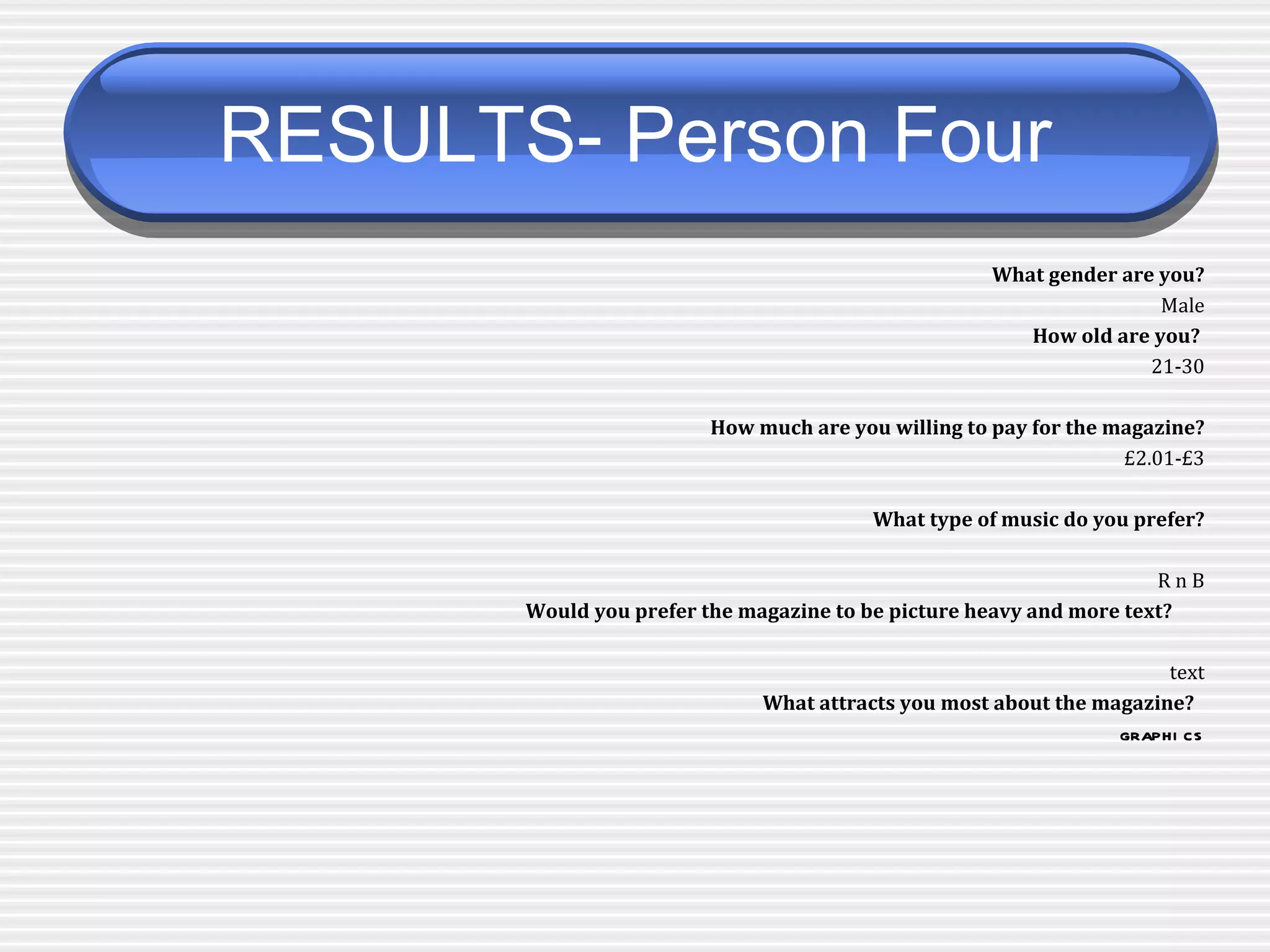 RESULTS- Person Four   What gender are you? Male How old are you?  21-30 How much are you willing to pay for the magazine? £2.01-£3 What type of music do you prefer? R n B Would you prefer the magazine to be picture heavy and more text?   text What attracts you most about the magazine?   graphics 
