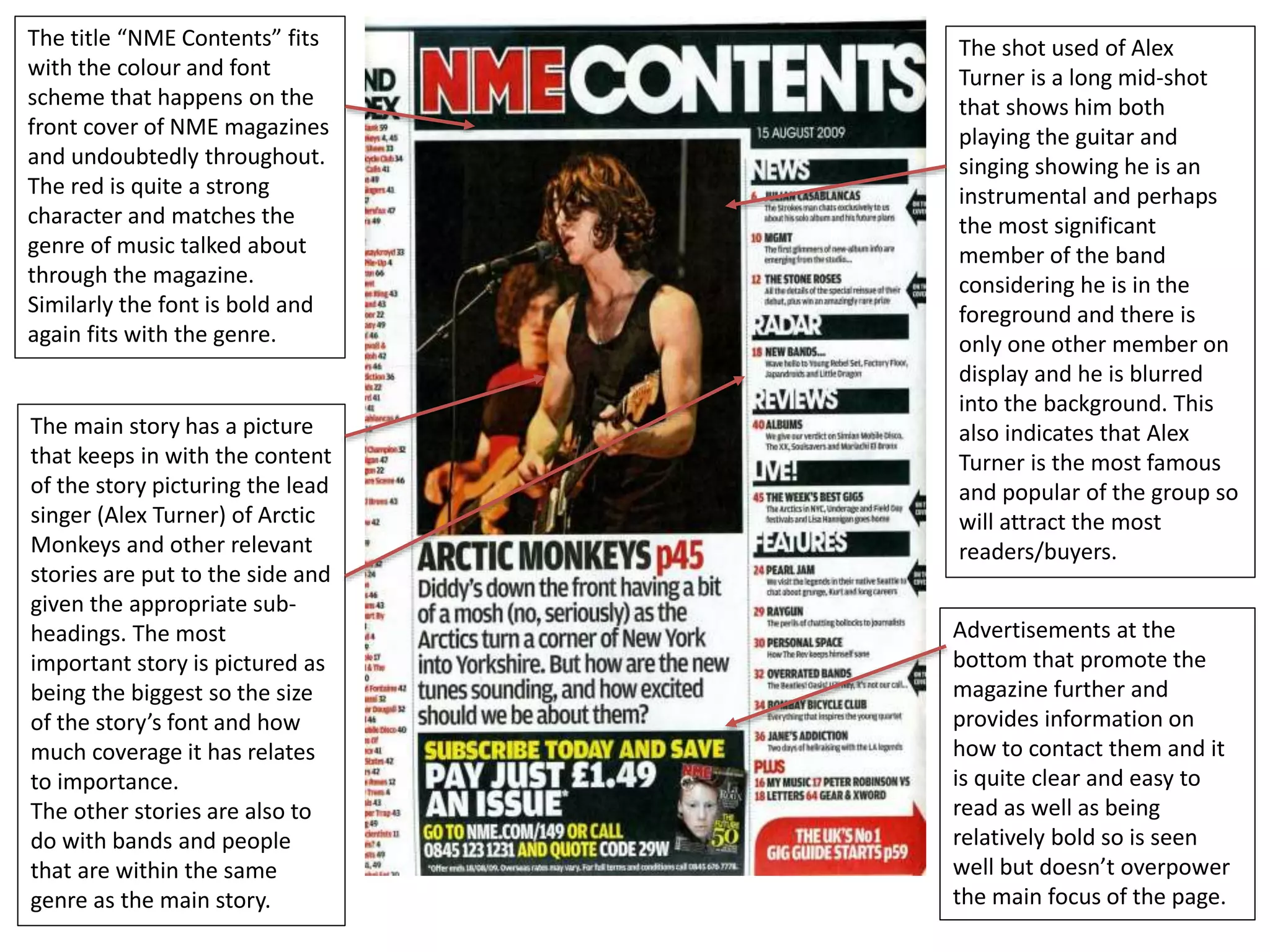 The title “NME Contents” fits 
with the colour and font 
scheme that happens on the 
front cover of NME magazines 
and undoubtedly throughout. 
The red is quite a strong 
character and matches the 
genre of music talked about 
through the magazine. 
Similarly the font is bold and 
again fits with the genre. 
The main story has a picture 
that keeps in with the content 
of the story picturing the lead 
singer (Alex Turner) of Arctic 
Monkeys and other relevant 
stories are put to the side and 
given the appropriate sub-headings. 
The most 
important story is pictured as 
being the biggest so the size 
of the story’s font and how 
much coverage it has relates 
to importance. 
The other stories are also to 
do with bands and people 
that are within the same 
genre as the main story. 
The shot used of Alex 
Turner is a long mid-shot 
that shows him both 
playing the guitar and 
singing showing he is an 
instrumental and perhaps 
the most significant 
member of the band 
considering he is in the 
foreground and there is 
only one other member on 
display and he is blurred 
into the background. This 
also indicates that Alex 
Turner is the most famous 
and popular of the group so 
will attract the most 
readers/buyers. 
Advertisements at the 
bottom that promote the 
magazine further and 
provides information on 
how to contact them and it 
is quite clear and easy to 
read as well as being 
relatively bold so is seen 
well but doesn’t overpower 
the main focus of the page. 
 