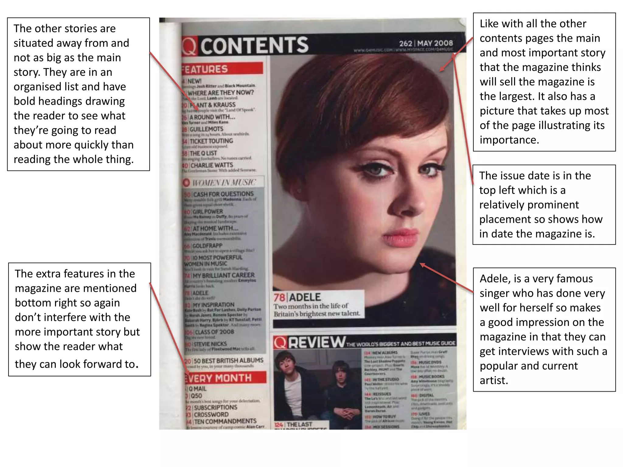 Like with all the other 
contents pages the main 
and most important story 
that the magazine thinks 
will sell the magazine is 
the largest. It also has a 
picture that takes up most 
of the page illustrating its 
importance. 
The issue date is in the 
top left which is a 
relatively prominent 
placement so shows how 
in date the magazine is. 
Adele, is a very famous 
singer who has done very 
well for herself so makes 
a good impression on the 
magazine in that they can 
get interviews with such a 
popular and current 
artist. 
The other stories are 
situated away from and 
not as big as the main 
story. They are in an 
organised list and have 
bold headings drawing 
the reader to see what 
they’re going to read 
about more quickly than 
reading the whole thing. 
The extra features in the 
magazine are mentioned 
bottom right so again 
don’t interfere with the 
more important story but 
show the reader what 
they can look forward to. 
 