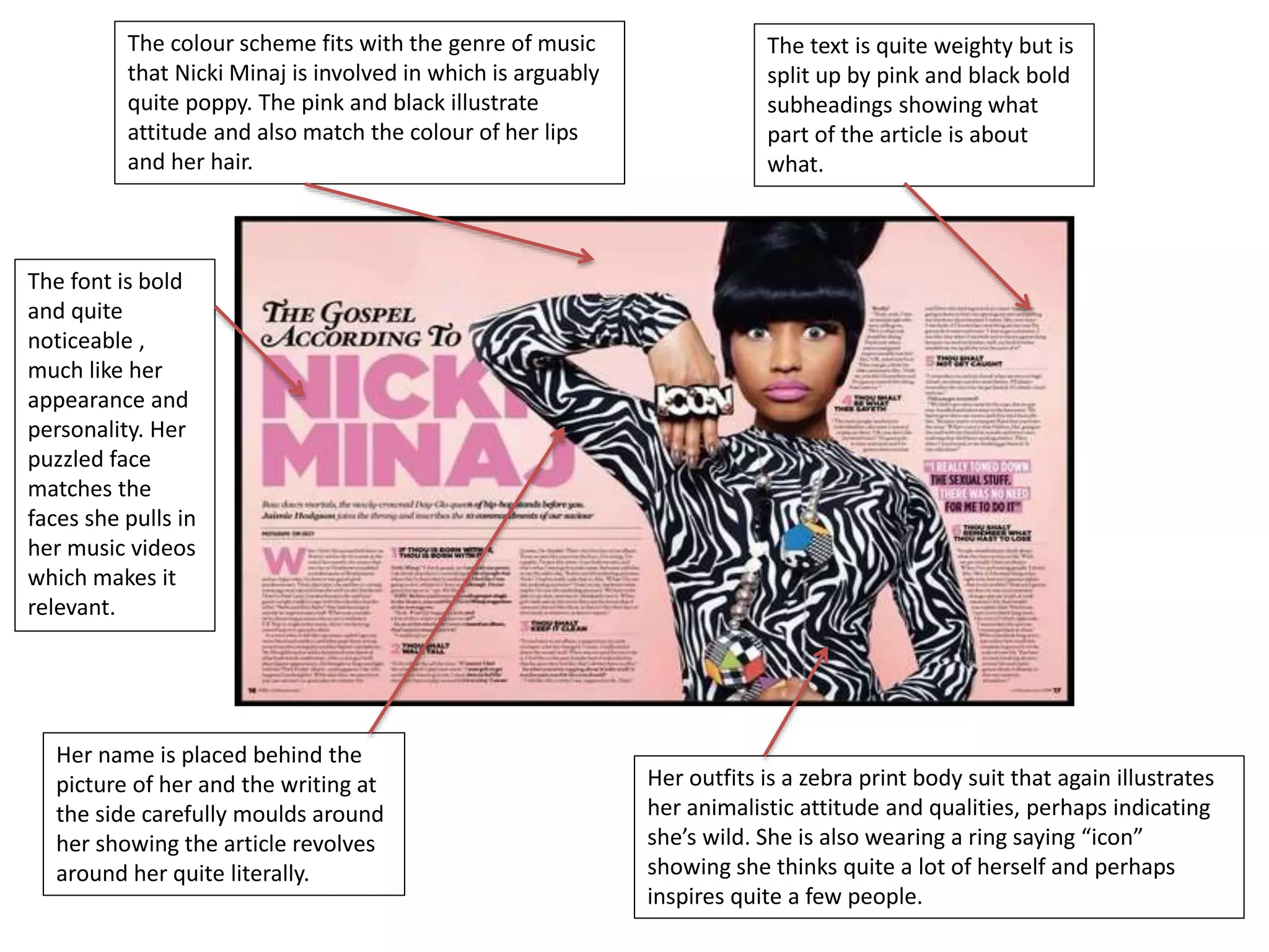 The colour scheme fits with the genre of music 
that Nicki Minaj is involved in which is arguably 
quite poppy. The pink and black illustrate 
attitude and also match the colour of her lips 
and her hair. 
The text is quite weighty but is 
split up by pink and black bold 
subheadings showing what 
part of the article is about 
what. 
Her outfits is a zebra print body suit that again illustrates 
her animalistic attitude and qualities, perhaps indicating 
she’s wild. She is also wearing a ring saying “icon” 
showing she thinks quite a lot of herself and perhaps 
inspires quite a few people. 
The font is bold 
and quite 
noticeable , 
much like her 
appearance and 
personality. Her 
puzzled face 
matches the 
faces she pulls in 
her music videos 
which makes it 
relevant. 
Her name is placed behind the 
picture of her and the writing at 
the side carefully moulds around 
her showing the article revolves 
around her quite literally. 
 