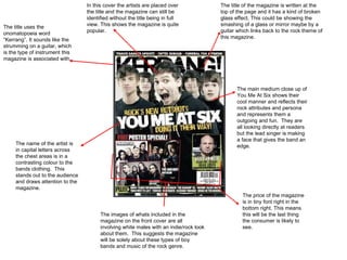 The title uses the onomatopoeia word “Kerrang”. It sounds like the strumming on a guitar, which is the type of instrument this magazine is associated with. The main medium close up of You Me At Six shows their cool manner and reflects their rock attributes and persona and represents them a outgoing and fun.  They are all looking directly at readers but the lead singer is making a face that gives the band an edge. The title of the magazine is written at the top of the page and it has a kind of broken glass effect. This could be showing the smashing of a glass or mirror maybe by a guitar which links back to the rock theme of this magazine. In this cover the artists are placed over the title and the magazine can still be identified without the title being in full view. This shows the magazine is quite popular.  The images of whats included in the magazine on the front cover are all involving white males with an indie/rock look about them.  This suggests the magazine will be solely about these types of boy bands and music of the rock genre. The name of the artist is in capital letters across the chest areas is in a contrasting colour to the bands clothing.  This stands out to the audience and draws attention to the magazine. The price of the magazine is in tiny font right in the bottom right. This means this will be the last thing the consumer is likely to see.  