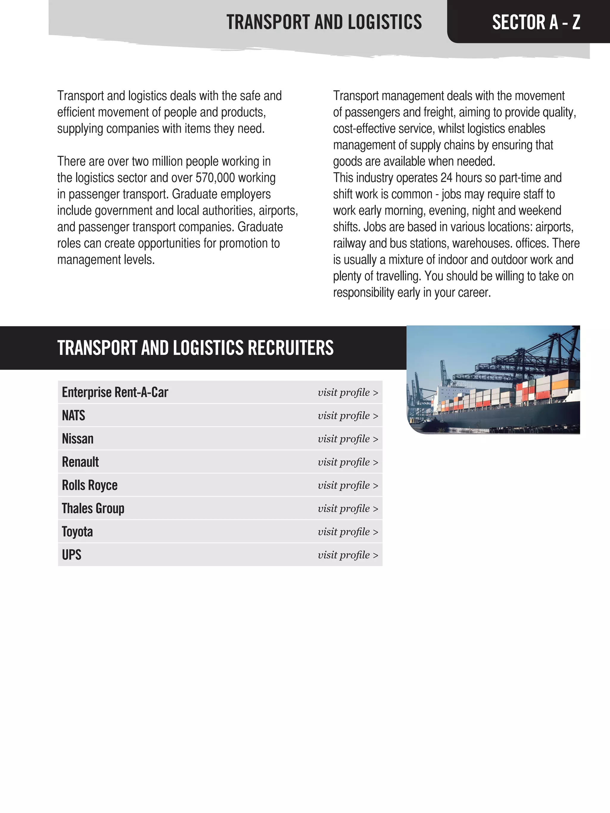 TRANSPORT AND LOGISTICS                                 SECTOR A - Z


Transport and logistics deals with the safe and          Transport management deals with the movement
efficient movement of people and products,               of passengers and freight, aiming to provide quality,
supplying companies with items they need.                cost-effective service, whilst logistics enables
                                                         management of supply chains by ensuring that
There are over two million people working in             goods are available when needed.
the logistics sector and over 570,000 working            This industry operates 24 hours so part-time and
in passenger transport. Graduate employers               shift work is common - jobs may require staff to
include government and local authorities, airports,      work early morning, evening, night and weekend
and passenger transport companies. Graduate              shifts. Jobs are based in various locations: airports,
roles can create opportunities for promotion to          railway and bus stations, warehouses. offices. There
management levels.                                       is usually a mixture of indoor and outdoor work and
                                                         plenty of travelling. You should be willing to take on
                                                         responsibility early in your career.



TRANSPORT AND LOGISTICS RECRUITERS

Enterprise Rent-A-Car                                 visit profile >

NATS                                                  visit profile >

Nissan                                                visit profile >

Renault                                               visit profile >

Rolls Royce                                           visit profile >

Thales Group                                          visit profile >

Toyota                                                visit profile >

UPS                                                   visit profile >
 