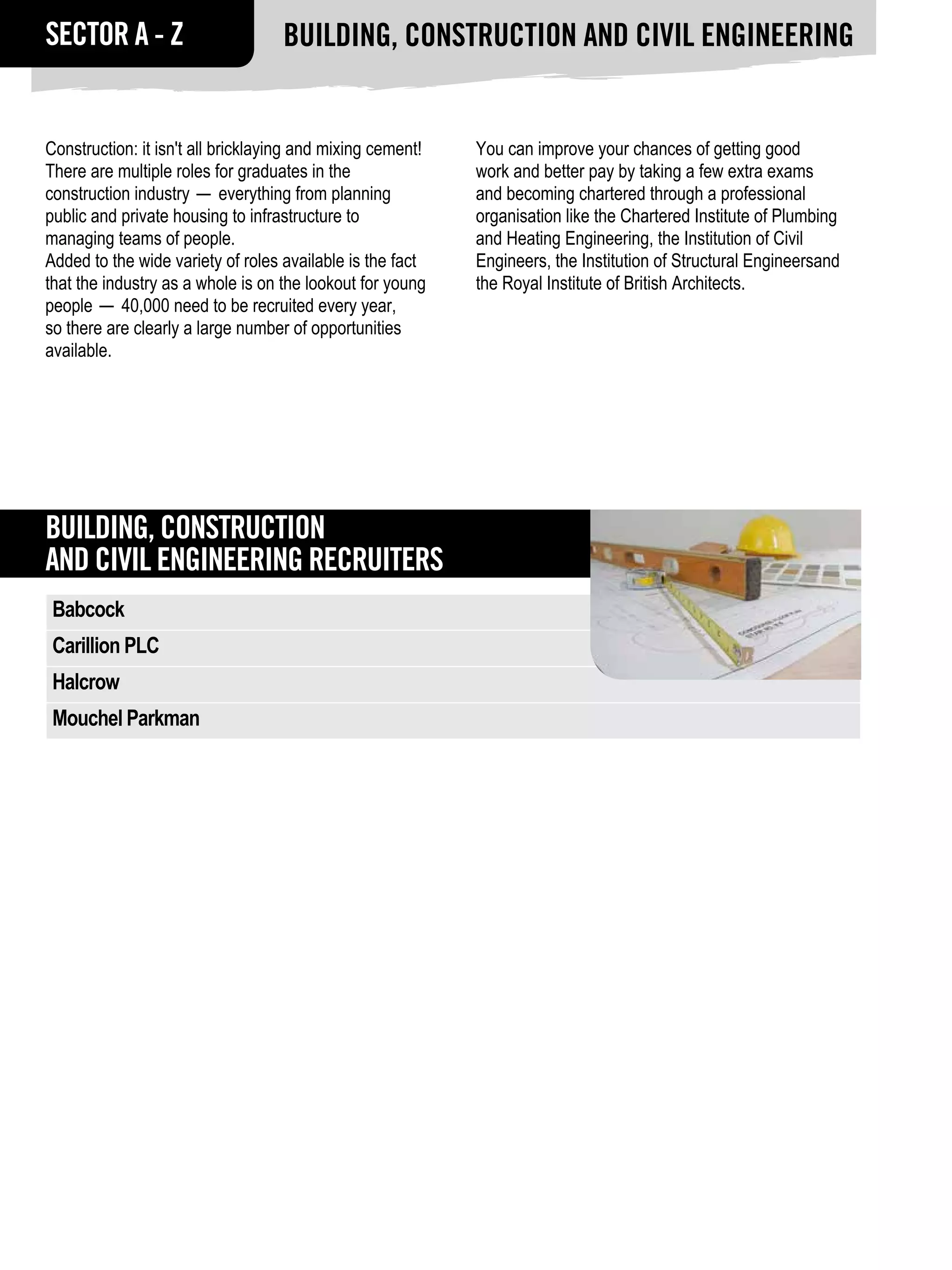 SECTOR A - Z                       Building, construction and civil engineering


Construction: it isn't all bricklaying and mixing cement!   You can improve your chances of getting good
There are multiple roles for graduates in the               work and better pay by taking a few extra exams
construction industry — everything from planning            and becoming chartered through a professional
public and private housing to infrastructure to             organisation like the Chartered Institute of Plumbing
managing teams of people.                                   and Heating Engineering, the Institution of Civil
Added to the wide variety of roles available is the fact    Engineers, the Institution of Structural Engineersand
that the industry as a whole is on the lookout for young    the Royal Institute of British Architects.
people — 40,000 need to be recruited every year,
so there are clearly a large number of opportunities
available.




Building, construction
and civil engineering RECRUITERS
 Babcock
 Carillion PLC
 Halcrow
 Mouchel Parkman
 