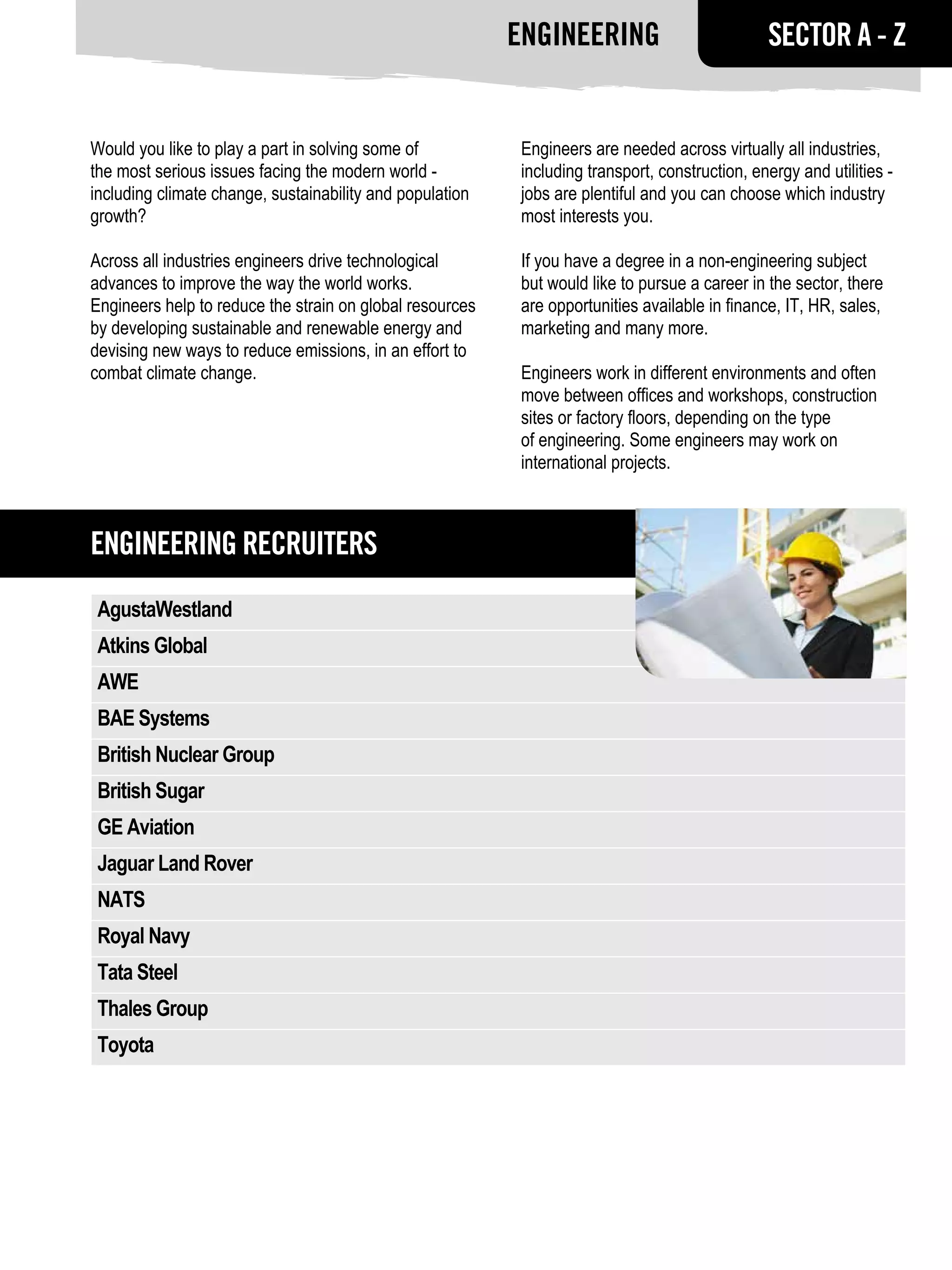 Engineering                           SECTOR A - Z


Would you like to play a part in solving some of           Engineers are needed across virtually all industries,
the most serious issues facing the modern world -          including transport, construction, energy and utilities -
including climate change, sustainability and population    jobs are plentiful and you can choose which industry
growth?                                                    most interests you.

Across all industries engineers drive technological        If you have a degree in a non-engineering subject
advances to improve the way the world works.               but would like to pursue a career in the sector, there
Engineers help to reduce the strain on global resources    are opportunities available in finance, IT, HR, sales,
by developing sustainable and renewable energy and         marketing and many more.
devising new ways to reduce emissions, in an effort to
combat climate change.                                     Engineers work in different environments and often
                                                           move between offices and workshops, construction
                                                           sites or factory floors, depending on the type
                                                           of engineering. Some engineers may work on
                                                           international projects.



Engineering RECRUITERS
 AgustaWestland
 Atkins Global
 AWE
 BAE Systems
 British Nuclear Group
 British Sugar
 GE Aviation
 Jaguar Land Rover
 NATS
 Royal Navy
 Tata Steel
 Thales Group
 Toyota
 