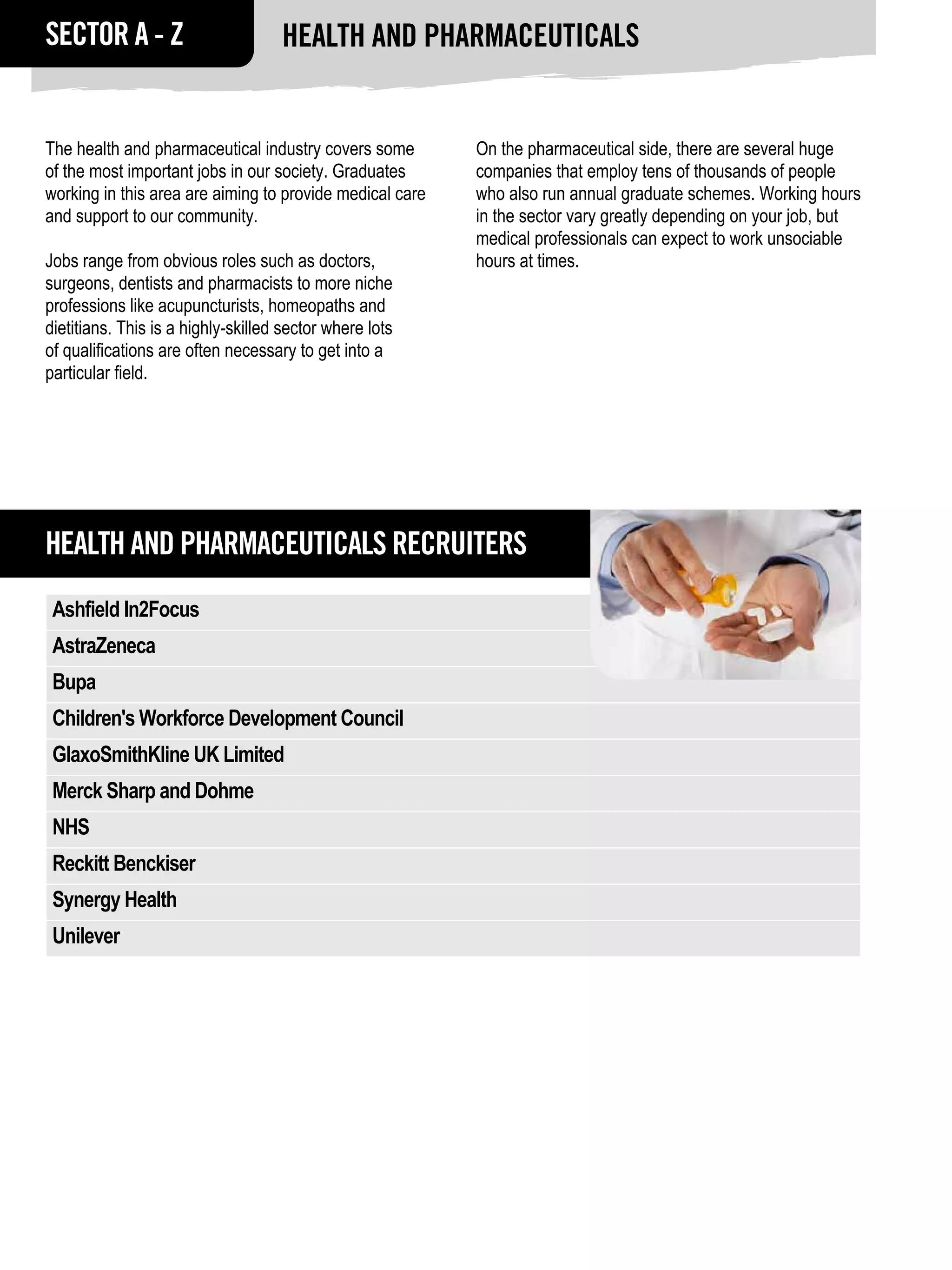SECTOR A - Z                        Health and pharmaceuticals


The health and pharmaceutical industry covers some        On the pharmaceutical side, there are several huge
of the most important jobs in our society. Graduates      companies that employ tens of thousands of people
working in this area are aiming to provide medical care   who also run annual graduate schemes. Working hours
and support to our community.                             in the sector vary greatly depending on your job, but
                                                          medical professionals can expect to work unsociable
Jobs range from obvious roles such as doctors,            hours at times.
surgeons, dentists and pharmacists to more niche
professions like acupuncturists, homeopaths and
dietitians. This is a highly-skilled sector where lots
of qualifications are often necessary to get into a
particular field.




Health and pharmaceuticals RECRUITERS
 Ashfield In2Focus
 AstraZeneca
 Bupa
 Children's Workforce Development Council
 GlaxoSmithKline UK Limited
 Merck Sharp and Dohme
 NHS
 Reckitt Benckiser
 Synergy Health
 Unilever
 