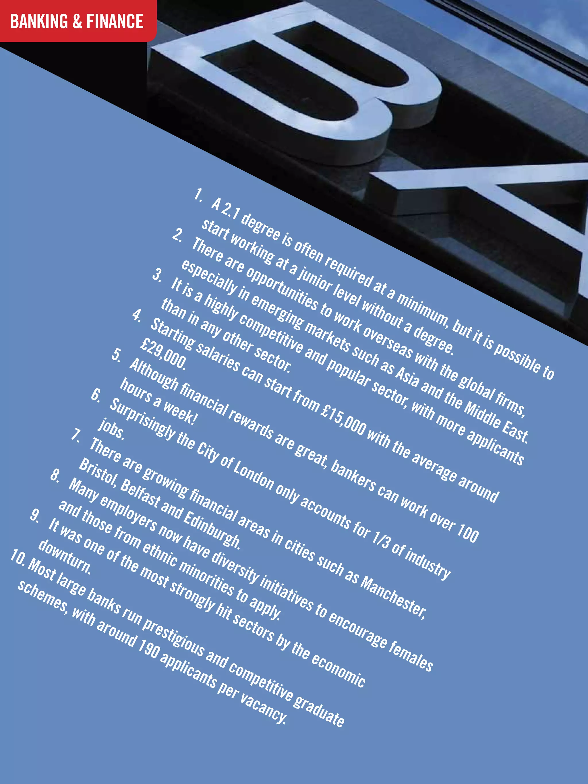 BANKING & FINANCE
  INTERVIEW




                                               1.	
                                                    A 2.
                                                           1
                                                 star degre
                                         2.	            t              e
                                               The worki is oft
                                                    r              n             e
                                            esp e are o g at a n requ
                                    3.	          e               p             ju          ir
                                         It is cially portu nior le ed at
                                                             in            n                         a
                                      tha a highl emer ities to vel wit minim
                               4.	         n              y              g                        h            u
                                    Sta in any comp ing ma work o out a d m, bu
                                        rt              o            e              r           v            e         t
                                 £29 ing sa ther s titive a kets s ersea gree. it is po
                                      ,0           lari                                       u         s
                         5.	
                              Alth 00.                   es c ector. nd pop ch as with t                                        ssib
                                                                                                                                      le t
                                    oug                         an s                       ular        Asia       he g                    o
                           hou           h fin                        tart                       sec         and        loba
                    6.	         r                                                                    tor,                    l
                        Sur s a we ancial                                    from
                                                                                    £15
                                                                                                                  t
                                                                                                           with he Mid firms,
                              pris         ek!            rew                            ,000                    mor       dl
               7.	
                      jobs
                            .
                                   ingl
                                        y th
                                                                ard
                                                                     s ar                       with                  e ap e East
                    The                      eC                            e gr                       the                  plic     .
                        r                         ity o                          eat                                           ant
                 Bris e are g                            f Lo                        , ba                  ave
                                                                                                               rag                s
         8.	          t             r                           ndo                       nke                       e ar
               Man ol, Bel owing                                     n on                      rs c                      oun
                    y em fast                 fina                         ly a                     an w                     d
            and           ploy and                 ncia                          cco                      ork
     9.	          t                                                                   unt                      ove
         It w hose f ers n Edinbu l areas                                                 s fo                      r 10
              as o         rom         ow              rgh            in c                     r 1/                      0
10.	
       dow
            n
                    ne o         eth have                   .               itie                   3 of
                                                                                                        indu
                                      n                                          s su
    Mos turn. f the m ic min divers                                                   ch a                     stry
         t la                       ost         orit           ity i                        sM
 sch          r                         stro          ie            nit
      eme ge ban                              ngly s to ap iatives
                                                                                                anc
                                                                                                     hes
            s, w        ks r                          hit           ply.          to e                    ter,
                 ith          un p                         sec                          nco
                     aro
                          und restig                             tors
                                                                        by t
                                                                                             ura
                                                                                                 ge f
                                190         ious                              he e                    ema
                                      app          and                             con                      les
                                           lica           com                           omi
                                                 nts             p                           c
                                                      per etitiv
                                                              vac         e gr
                                                                   anc           adu
                                                                        y.           ate
           60 The National Student - Careers Guide 2012
 