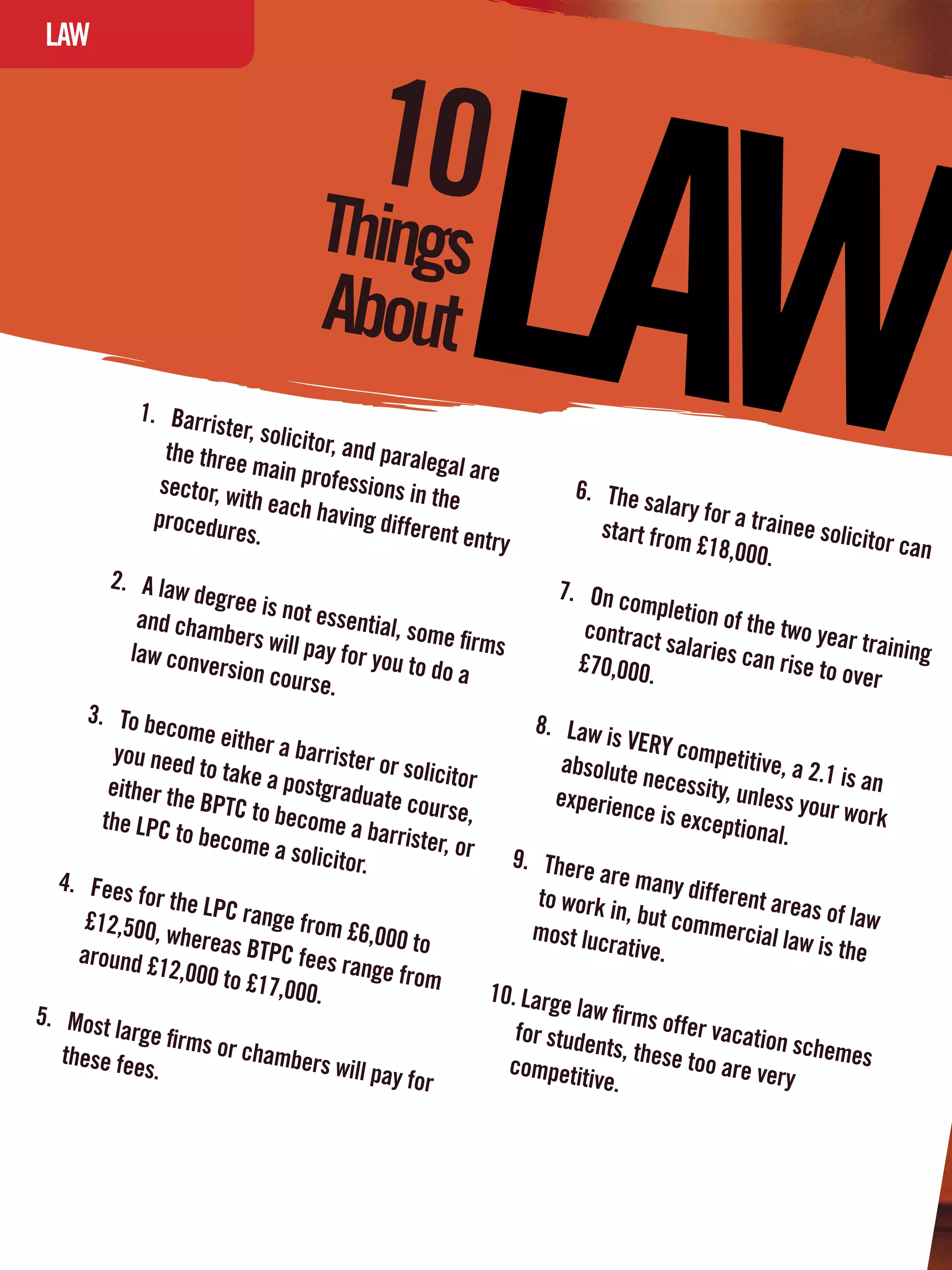 LAW
 LAW
 INTERVIEW



                                      10
                                    Things
                                     About
             1.	 Barri
                       ster, soli
                                 citor, and
                 the three                  paralega
                            main pro                  l are
                sector, w             fessions                        6.	 The s
                          ith each              in the                           alary for
               procedur             having d                                               a trainee
                         es.                 ifferent e                   start from                 solicitor
                                                        ntry                          £18,000.                 can
          2.	 A law                                                 7.	 On co
                     degree is                                                 mpletion
              and cham          not esse                                                 of the tw
                         bers will        ntial, som                    contract                   o year tr
                                    pay for y         e firms                     salaries                  aining
             law conv                         ou to do                 £70,000.             can rise
                       ersion co                        a                                            to over
                                 urse.
       3.	 To be                                                 8.	 Law i
                  come eit                                                 s VERY c
           you need        her a bar                                                 ompetitiv
                                      rister or                      absolute                   e, a 2.1 i
                      to take a                 solicitor                       necessit                   s an
          either th             postgrad                                                 y, unless
                    e BPTC t               uate cou                 experien                         your wor
         the LPC t           o becom                 rse,                     ce is exc                       k
                    o becom            e a barri                                        eptional.
                             e a solic            ster, or
                                       itor.                  9.	 There
   4.	 Fees                                                               are many
              for the L                                           to work i          different
                        PC range                                            n, but co           areas of
       £12,500,                    from £6,                                           mmercia              law
                  whereas                    000 to              most luc                        l law is th
      around £              BTPC fee                                       rative.                          e
                 12,000 to            s range f
                            £17,000.             rom
                                                            10.	Large
5.	 Most                                                              law firms
           large firm                                          for stude          offer vac
                      s or cham                                          nts, thes           ation sch
   these fee                     bers will                                         e too are            emes
               s.                            pay for          competit                        very
                                                                        ive.




       66 The National Student - Careers Guide 2012
 