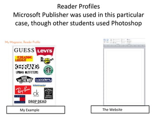 Reader Profiles
Microsoft Publisher was used in this particular
case, though other students used Photoshop
My Example The Website
 