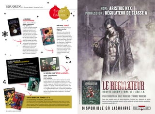 BOuquin.                            par melissa Idbazzi / Jonathan pretro


                                                                                                       Dossier
                                                                                                       Cadeaux
                                       le Miroir
                                       De cassanDre
                                       auteur : Bernard Werber
                                       editeur : albin Michel
                                       prix : 22,90 euros                                                     ha-Gun, toMe 1
                                       a 17 ans, cassandre possède                                            De Kan hashimoto et satoru
                                       le don de lire dans le futur.                                          akahori, chez pika,
                                       capable de prévoir les ca-                                             6,95 euros
                                       tastrophes, elle se retrouve                                           alors qu’il a été créé par le
                                       impuissante face à l’indiffé-                                          gouvernement japonais en
                                       rence des autres. aux lisières                                         vue d’une guerre imminente,
                                       d’un paris futuriste hanté                                             un humain cybernétique va se
                                       par des êtres revenus à l’état                                         retrouver malgré lui, propulsé
                                       sauvage, cassandre et ses                                              en plein XVIe siècle, au temps
                                       amis vont essayer de sauver                                            des samouraïs… détail qui a
                                       le monde qui court à sa perte,                                         son importance, il se pourrait
                                       menacé par la surpopulation,                                           que sa petite amie soit
                                       la pollution, les guerres, les                                         également du voyage. alors,
                                       épidémies et le terrorisme.                                            entre deux combats face à ces
                                       en suivant les aventures                                               guerriers d’un autre temps,
                                       extraordinaires de cette jeune                                         il part à sa recherche… une
                                       femme, bernard Werber nous                                             histoire bonne enfant, aux
                                       transporte une nouvelle fois                                           critiques politiques sous-
                                       dans un univers troublant.                                             jacentes.




               ille,
  silien MelV ration arpÈGe
  to Me 1 : opé                   Vents
                     ternon, chez     le
                      Djian et cyril
   De Jean-Blaise                                                       n-
   d’ouest,   9,40 euros                            rangée bien tra
                                    risien à la vie
                    , pompiste pa                            dépasse
   silien melville                   à un  complot qui le
                     trouver mêlé                             , en fait.
    quille, va se re                        rtout de la tête
                           aules, mais su            légion à peine
    de la  tête et des ép             ux copain de
                       rvice à un vie                  ups et les balle
                                                                           s,
    pour rendre se                    esquiver les co
                     n silien devra                         u-delà. une            le Jeu Du chat et De la souris
     décédé, ce bo                      son ami dans
                                                        l’a
                      e pas rejoindre                          qui se
     s’il ne souhait                         de mine, mais                         auteur : setona Mizushiro
                             i ne paie pas
     so(m   )bre histoire qu             entraînant e.                             editeur : asuka
                        ent efficace et
      révèle diablem                                                               prix : 9,50 euros
                                                                                   À cause de son caractère indécis, Kyoïchi s’est laissé
                                                                                   prendre plusieurs fois au piège de l’adultère. un jour
                                                                                   réapparaît dans sa vie, Imagasé, un garçon qu’il a connu
                                                                                   à la fac, engagé par sa femme pour enquêter sur ses
                                                                                   infidélités. ce dernier accepte de garder le secret, mais
                                                                                   en échange, il lui réclame son corps... Le jeu commen-
                                                                                   ce, l’un demande à être aimé, et l’autre veut simplement
                                                                                   aimer. mais les sentiments contradictoires de ces deux
                                                                                   garçons sont bouleversants et poignants. un manga
                                                                                   indispensable !



                                                toKYo BaBYlon, toMes 2 et 3
                                                Du collectif clamp, chez tonkam, 6,25 euros le tome
                                                Le collectif camp a encore frappé. de plus en plus prolifique et créatif, celui-ci a cette
                                                fois-ci donné vie à une communauté de jeunes filles courageuses, dont le devoir est de
                                                sauver le grand Tokyo d’effroyables démons. déterminées et convaincues par la cause
                                                qu’elles défendent, ces demoiselles devront toutes allier leurs forces afin de réaliser
                                                leur dessein. divertissant.


18 / campus mag decembre                                                                                                                       decembre campus mag / 19
 