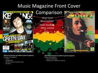 Music Magazine Front Cover
Comparison
Mast head
Main headline
Price
Other articles
Issue number
Differences between two different genred magazines:
Kerrang, rock magazine;
- Stamp
- Competitions
- Another picture of another artist
- No extras
Differences between two different genred magazines:
Rootz, rock magazine;
- Website advertised
- Shows price in different currencys
 