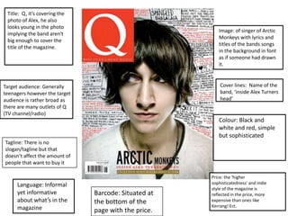 Title: Q, it’s covering the
photo of Alex, he also
looks young in the photo
implying the band aren't
big enough to cover the
title of the magazine.

Image: of singer of Arctic
Monkeys with lyrics and
titles of the bands songs
in the background in font
as if someone had drawn
it.

Cover lines: Name of the
band, ‘inside Alex Turners
head’

Target audience: Generally
teenagers however the target
audience is rather broad as
there are many outlets of Q
(TV channel/radio)

Colour: Black and
white and red, simple
but sophisticated
Tagline: There is no
slogan/tagline but that
doesn’t affect the amount of
people that want to buy it

Language: Informal
yet informative
about what’s in the
magazine

Barcode: Situated at
the bottom of the
page with the price.

Price: the ‘higher
sophisticatedness’ and indie
style of the magazine is
reflected in the price, more
expensive than ones like
Kerrang! Ect.

 