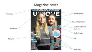Magazine cover
Masthead
Features
Model image
House colours
Reader information
Buzzword
Cover lines
Puff
Anchor text/main
cover line
 