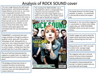 Analysis of ROCK SOUND cover
The main image features the well known
band paramore with female lead singer
Hayley Williams at the front as she is the
most recognisable member of the
band, as well as attracting paramore fans
, female fans will be drawn to the cover as
Hayley is a successful woman singer who
they may look up too. Her posture and
facial expression are confident as she
poses in front of the other male band
members which goes against the
stereotype that men are the dominant
gender
‘PARAMORE’is anchored to the main
image and looks as though its written in
graphitti which goes with the reckless
stereotype of rock. Along with this is
cover lines tell us about the band. The use
of a Tag ‘special and Revealed…’ is used
to entice readers , making them feel they
wouldn't get this in any other magazine
The use of sell lines help describe the
magazine so readers have an insight in to
what people think of it, but also what its
about
The background they have chosen is
simplistic therefore not attracting
attention away from the band memebers
and cover lines, but also helping the font
colours stand out

The masthead for ROCK SOUND uses a
thick bold font, which is recognisable from
a distance, but also individual to the
magazine, the main image slightly cover a
letter in the masthead , but readers would
still be able to identify the magazine

The header features' all other things
available to readers, it is positioned
in the top left to attract the readers
eye,
Positioned in the ears of the magazine
is a promotion in a black circle, telling
readers they can ‘WIN YOUR BAND
OPENING’ which can be seen on store
shelves,
Smaller images are used to show the
readers other bands that may feature
without distracting from the main
image
Slang words such as ‘ EPIC’ are used
to relate to the younger target
audience who may understand
The magazine only uses a minimal
amount of house colours keeping it
looking professional and simple .
The website is featured beside the
barcode to relate to readers who are
up to date with technology

 