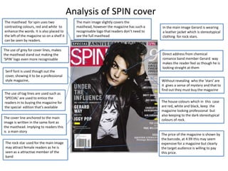 Analysis of SPIN cover
The masthead for spin uses two
contrasting colours, red and white to
enhance the words. It is also placed to
the left of the magazine so on a shelf it
can be seen by readers.
The use of grey for cover lines, makes
the masthead stand out making the
‘SPIN’ logo even more recognisable
Serif font is used though out the
cover, showing it to be a professional
style magazine,

The use of tag lines are used such as
‘SPECIAL’ are used to entice the
readers in to buying the magazine for
the special edition that’s available
The cover line anchored to the main
image is written in the same font as
the masthead. Implying to readers this
is a main story
The rock star used for the main image
may attract female readers as he is
seen as a attractive member of the
band

The main image slightly covers the
masthead, however the magazine has such a
recognisable logo that readers don’t need to
see the full masthead

In the main image Gerard is wearing
a leather jacket which is stereotypical
clothing for rock stars.

Direct address from chemical
romance band member Gerard way
makes the reader feel as though he is
looking straight at them
Without revealing who the ‘stars’ are
it gives a sense of mystery and that to
find out they must buy the magazine
The house colours which in this case
are red, white and black, keep the
magazine looking professional but
also keeping to the dark stereotypical
colours of rock.

The price of the magazine is shown by
the barcode, at 4.99 this may seem
expensive for a magazine but clearly
the target audience is willing to pay
this price.

 
