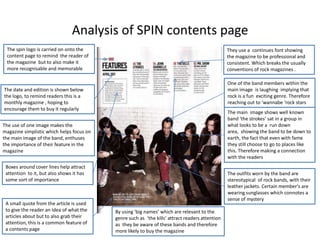 Analysis of SPIN contents page
The spin logo is carried on onto the
content page to remind the reader of
the magazine but to also make it
more recognisable and memorable

They use a continues font showing
the magazine to be professional and
consistent. Which breaks the usually
conventions of rock magazines .
One of the band members within the
main image is laughing implying that
rock is a fun exciting genre. Therefore
reaching out to ‘wannabe ‘rock stars

The date and edition is shown below
the logo, to remind readers this is a
monthly magazine , hoping to
encourage them to buy it regularly

The main image shows well known
band ‘the strokes’ sat in a group in
what looks to be a run down
area, showing the band to be down to
earth, the fact that even with fame
they still choose to go to places like
this. Therefore making a connection
with the readers

The use of one image makes the
magazine simplistic which helps focus on
the main image of the band, enthuses
the importance of their feature in the
magazine
Boxes around cover lines help attract
attention to it, but also shows it has
some sort of importance

A small quote from the article is used
to give the reader an Idea of what the
articles about but to also grab their
attention, this is a common feature of
a contents page

The outfits worn by the band are
stereotypical of rock bands, with their
leather jackets. Certain member's are
wearing sunglasses which connotes a
sense of mystery
By using ‘big names’ which are relevant to the
genre such as ‘the kills’ attract readers attention
as they be aware of these bands and therefore
more likely to buy the magazine

 
