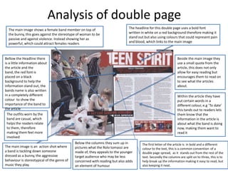 Analysis of double page
The main image shows a female band member on top of
the bunny, this goes against the stereotype of woman to be
passive and against violence. Instead showing her as
powerful, which could attract females readers

The headline for this double page uses a bold font
written in white on a red background therefore making it
stand out but also using colours that could represent pain
and blood, which links to the main image

Bellow the Headline there
is a little information about
the article and the
band, the red font is
placed on a black
background to help the
information stand out, the
bands name is also written
in a completely different
colour to show the
importance of the band to
the article
The outfits worn by the
band are casual, which
helps the readers relate
to them, therefore
making them feel more
involved
The main image is an action shot where
a band is tackling down someone
dressed as a bunny, the aggressive
behaviour is stereotypical of the genre of
music they play.

Beside the main image they
use a small quote from the
article, this does not only
allow for easy reading but
encourages them to read on
to see what the articles
about.

Within the article they have
put certain words in a
different colour, e.g ‘To date’
this tands out to readers lets
them know that the
information in the article is
about what the band is doing
now, making them want to
read it
Below the columns they sum up in
pictures what the Rolo tomassi are
made of, they appeals to the younger
target audience who may be less
concerned with reading but also adds
an element of humour

The first letter of the article is in bold and a different
colour to the text, this is a common convention of a
double page spread, as it stands out from the rest of the
text. Secondly the columns are split on to three, this is to
help break up the information making it easy to read, but
also keeping it neat.

 