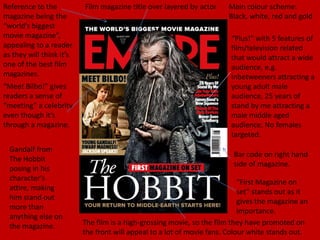 Reference to the
magazine being the
“world’s biggest
movie magazine”,
appealing to a reader
as they will think it’s
one of the best film
magazines.
“Meet Bilbo!” gives
readers a sense of
“meeting” a celebrity
even though it’s
through a magazine.
Gandalf from
The Hobbit
posing in his
character’s
attire, making
him stand out
more than
anything else on
the magazine.

Film magazine title over layered by actor

Main colour scheme:
Black, white, red and gold
“Plus!” with 5 features of
film/television related
that would attract a wide
audience, e.g.
Inbetweeners attracting a
young adult male
audience, 25 years of
stand by me attracting a
male middle aged
audience. No females
targeted.

Bar code on right hand
side of magazine.
“First Magazine on
set” stands out as it
gives the magazine an
importance.
The film is a high-grossing movie, so the film they have promoted on
the front will appeal to a lot of movie fans. Colour white stands out.

 
