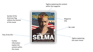 Title of the film
Tagline explaining the content
within the magazine
Magazine
title
Tagline explaining
the cover movie
Symbol of the
American flag
reflects the themes
of the movie
Bar code
Further
information
explain the
content within
the movie
 