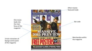 One movie
leads into
the main
focus of the
magazine
Merchandise within
the magazine
Other movies
featured inside
3 main characters of
Django centre point
of the magazine
Bar code
 