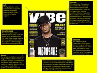 Puff
This highlights the artists
included in this issue of the
magazine which helps
buyers to decide if they
would like to buy the
magazine.

Masthead
The masthead of this magazine
cover is ‘vibe’. The masthead
follows the convention of the
magazine by having it at the top.
The alignment of the bold
masthead at the top makes it the
focal point and therefore would
immediately attract the audiences
attention. The contrast of white
text against a black background
makes the masthead eye catching
to the reader.

THE MAIN IMAGE
The main image of Drake is a
medium close up which has a clear
display of his facial expression.
The image of the popular celebrity
will encourage music fans to buy
the magazine as he has a bigger
influence on younger generation.

Barcode
The barcode on the front cover of this
magazine follows the conventions of
having the price and issue information
on the front of the magazine. This
makes the magazine feel more official
and lets you know that it is
professionally made media text.

Cover line
The cover lines of the
magazine are placed around
the main image to make sure
that the attentions isn’t drawn
away from the main article.
The sell lines colour scheme
match the rest of the magazine
to have a consistent style.

The cover has a primary colour scheme of black,
yellow and white which complements with theme
of music scene. The black and yellow connote that
the content of the magazine is dangerous and is
willing to cause harm, as these two colours are
usually linked with warning signs.

 