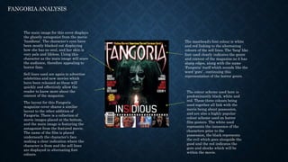 FANGORIA ANALYSIS
The main image for this cover displays
the ghostly antagonist from the movie
‘Insidious’. The character’s eyes have
been mostly blacked out displaying
how she has no soul, and her skin is
very pale and lifeless. Using this
character as the main image will scare
the audience, therefore appealing to
horror fans.
The masthead’s font colour is white
and red linking to the alternating
colours of the sell lines. The ‘fang’ like
font used clearly indicates the genre
and content of the magazine as it has
sharp edges, along with the name
‘Fangoria’ itself which sounds like the
word ‘gore’ , continuing this
representation of the horror genre.
Sell lines used are again to advertise
celebrities and new movies which
have been released as these will
quickly and effectively allow the
reader to know more about the
content of the magazine.
The layout for this Fangoria
magazine cover shares a similar
layout to the other addition of
Fangoria. There is a collection of
movie images placed at the bottom,
and the main image is featuring the
antagonist from the featured movie.
The name of the film is placed
underneath the character’s face
making a clear indication where the
character is from and the sell lines
are displayed in alternating font
colours.
The colour scheme used here is
predominantly black, white and
red. These three colours being
used together all link with the
movie being about possession,
and are also a highly popular
colour scheme used on horror
film posters. The white used
represents the innocence of the
characters prior to the
possession, the black represents
the evil which goes alongside the
good and the red indicates the
gore and shocks which will be
within the movie.
 