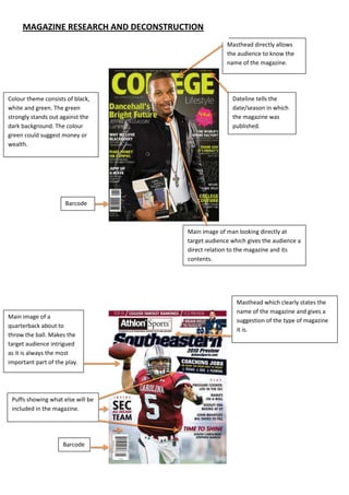 MAGAZINE RESEARCH AND DECONSTRUCTION
                                                   Masthead directly allows
                                                   the audience to know the
                                                   name of the magazine.




Colour theme consists of black,                      Dateline tells the
white and green. The green                           date/season in which
strongly stands out against the                      the magazine was
dark background. The colour                          published.
green could suggest money or
wealth.




                      Barcode



                                     Main image of man looking directly at
                                     target audience which gives the audience a
                                     direct relation to the magazine and its
                                     contents.




                                                       Masthead which clearly states the
                                                       name of the magazine and gives a
Main image of a
                                                       suggestion of the type of magazine
quarterback about to
                                                       it is.
throw the ball. Makes the
target audience intrigued
as it is always the most
important part of the play.




 Puffs showing what else will be
 included in the magazine.




                     Barcode
 