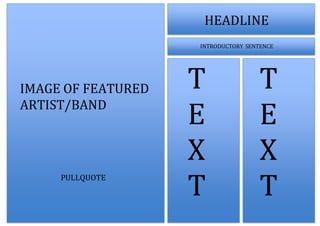 IMAGE OF FEATURED 
ARTIST/BAND 
PULLQUOTE 
HEADLINE 
INTRODUCTORY SENTENCE 
T 
E 
X 
T 
T 
E 
X 
T 
 