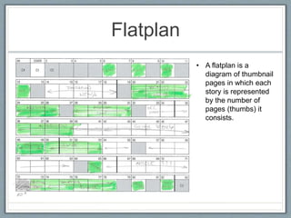 Flatplan
• A flatplan is a
diagram of thumbnail
pages in which each
story is represented
by the number of
pages (thumbs) it
consists.
 