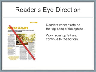 Reader’s Eye Direction
• Readers concentrate on
the top parts of the spread.
• Work from top left and
continue to the bottom.
 