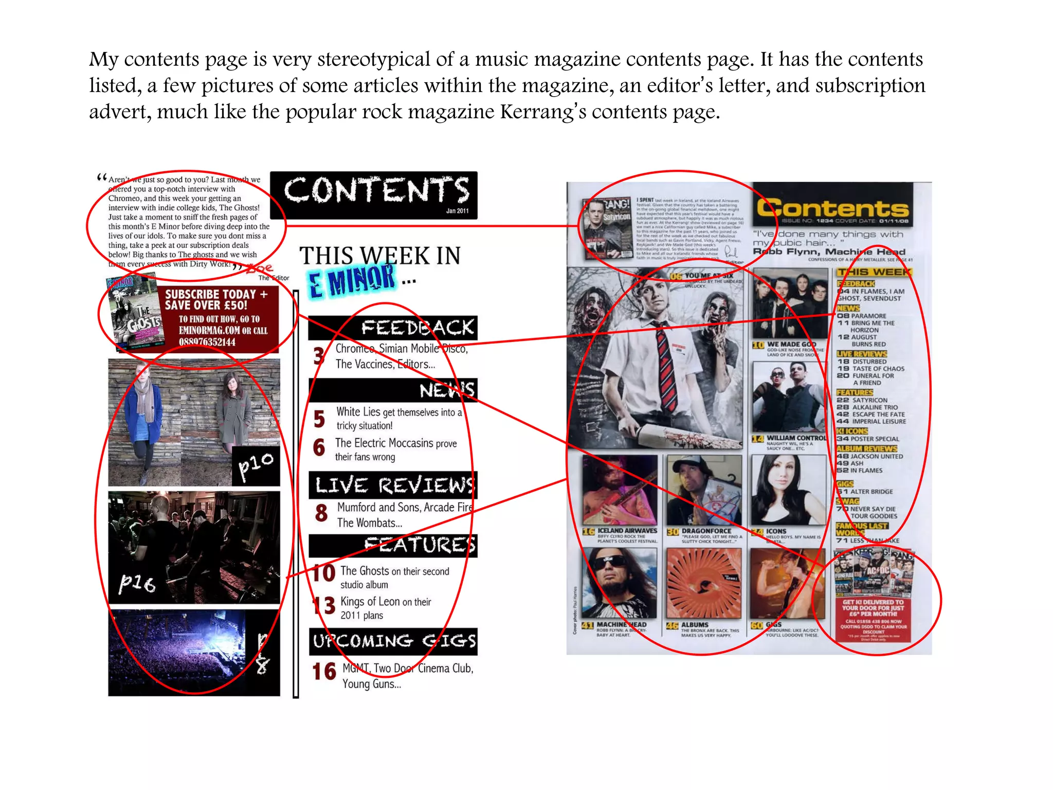 My contents page is very stereotypical of a music magazine contents page. It has the contents listed, a few pictures of some articles within the magazine, an editor ’ s letter, and subscription advert, much like the popular rock magazine Kerrang ’ s contents page.  
