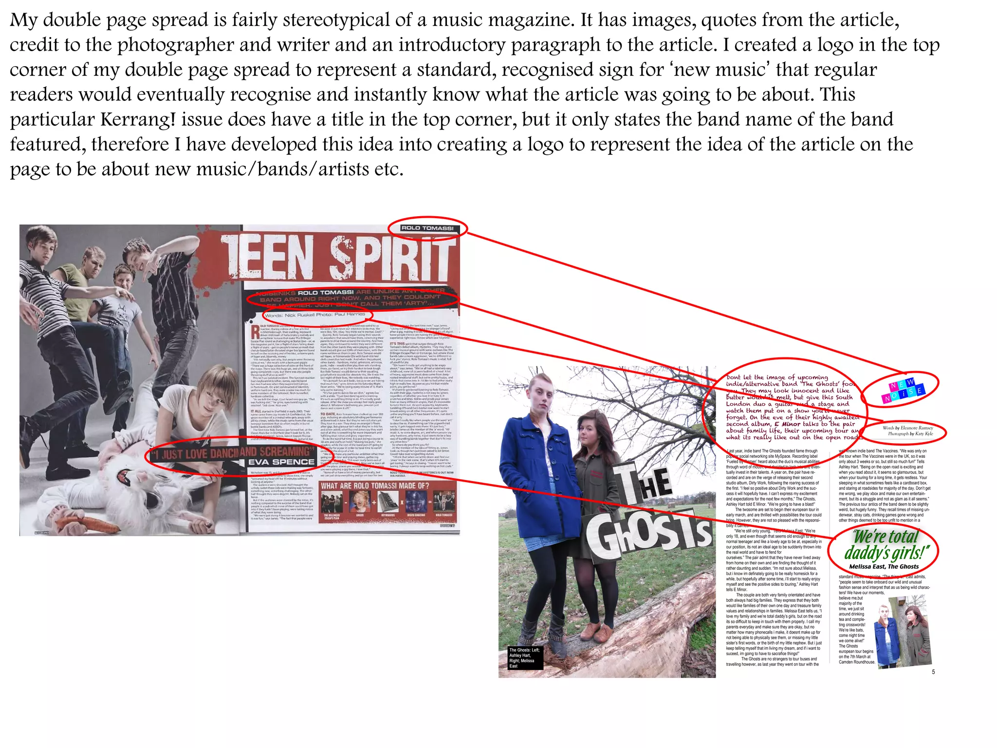 My double page spread is fairly stereotypical of a music magazine. It has images, quotes from the article, credit to the photographer and writer and an introductory paragraph to the article. I created a logo in the top corner of my double page spread to represent a standard, recognised sign for  ‘ new music ’  that regular readers would eventually recognise and instantly know what the article was going to be about. This particular Kerrang! issue does have a title in the top corner, but it only states the band name of the band featured, therefore I have developed this idea into creating a logo to represent the idea of the article on the page to be about new music/bands/artists etc.  