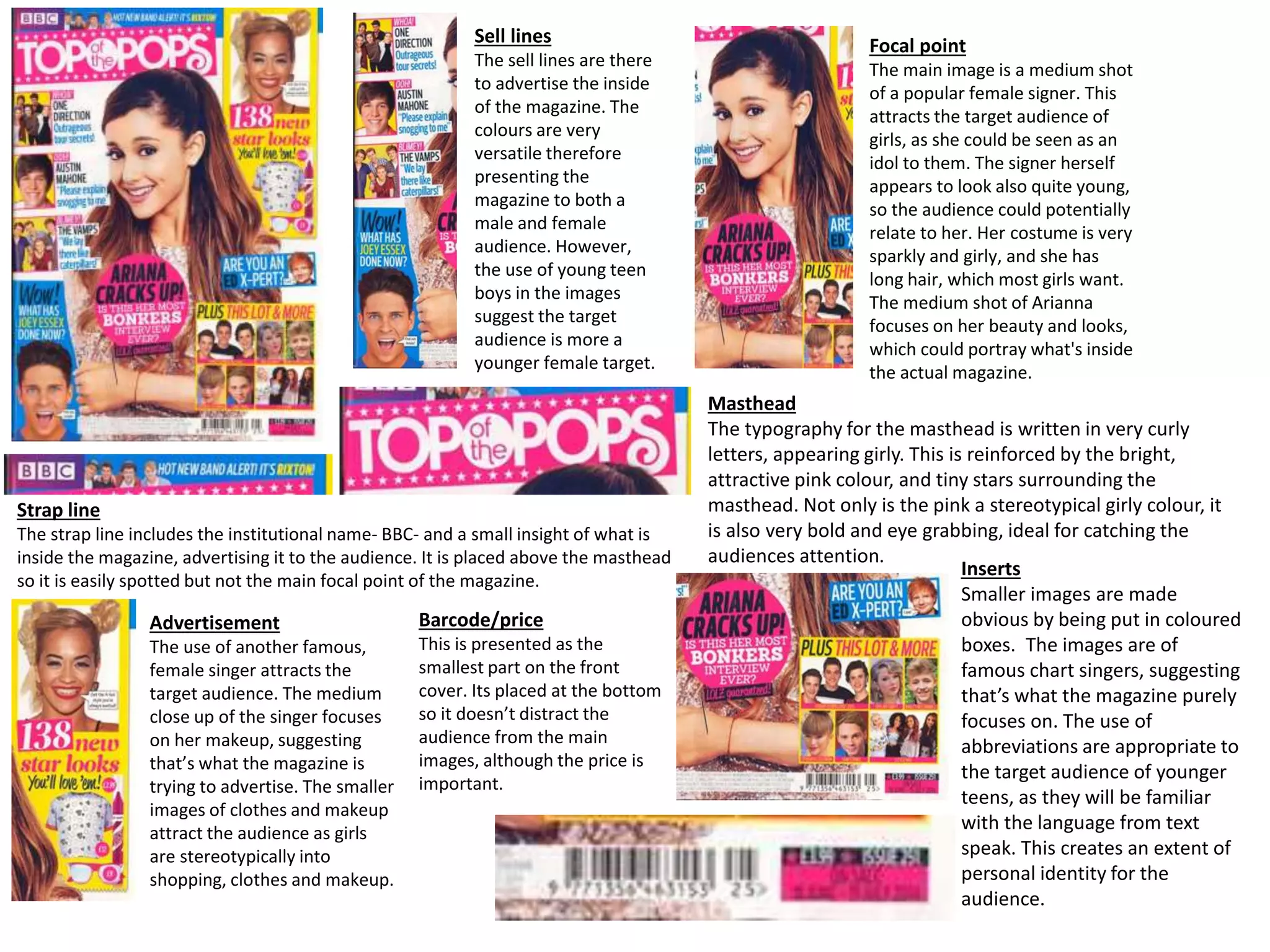 Sell lines
The sell lines are there
to advertise the inside
of the magazine. The
colours are very
versatile therefore
presenting the
magazine to both a
male and female
audience. However,
the use of young teen
boys in the images
suggest the target
audience is more a
younger female target.
Focal point
The main image is a medium shot
of a popular female signer. This
attracts the target audience of
girls, as she could be seen as an
idol to them. The signer herself
appears to look also quite young,
so the audience could potentially
relate to her. Her costume is very
sparkly and girly, and she has
long hair, which most girls want.
The medium shot of Arianna
focuses on her beauty and looks,
which could portray what's inside
the actual magazine.
Masthead
The typography for the masthead is written in very curly
letters, appearing girly. This is reinforced by the bright,
attractive pink colour, and tiny stars surrounding the
masthead. Not only is the pink a stereotypical girly colour, it
is also very bold and eye grabbing, ideal for catching the
audiences attention.
Strap line
The strap line includes the institutional name- BBC- and a small insight of what is
inside the magazine, advertising it to the audience. It is placed above the masthead
so it is easily spotted but not the main focal point of the magazine.
Inserts
Smaller images are made
obvious by being put in coloured
boxes. The images are of
famous chart singers, suggesting
that’s what the magazine purely
focuses on. The use of
abbreviations are appropriate to
the target audience of younger
teens, as they will be familiar
with the language from text
speak. This creates an extent of
personal identity for the
audience.
Barcode/price
This is presented as the
smallest part on the front
cover. Its placed at the bottom
so it doesn’t distract the
audience from the main
images, although the price is
important.
Advertisement
The use of another famous,
female singer attracts the
target audience. The medium
close up of the singer focuses
on her makeup, suggesting
that’s what the magazine is
trying to advertise. The smaller
images of clothes and makeup
attract the audience as girls
are stereotypically into
shopping, clothes and makeup.
 
