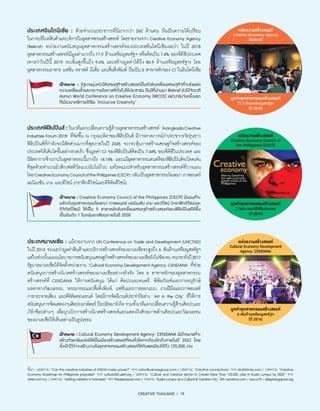 CREATIVE THAILAND I 19
ที่มา : บทความ “Can the creative industries of ASEAN make waves?” จาก oxfordbusinessgroup.com / บทความ “Creative connections” จาก straitstimes.com / บทความ “Creative
Economy Roadmap for Philippines proposed” จาก culture360.asef.org / บทความ “Culture and Creative Sector to Create More Than 125,000 Jobs in Kuala Lumpur by 2022” จาก
arteri.com.my/ บทความ “GettingcreativeinIndonesia” จากtheaseanpost.com/ รายงาน “KualaLumpurasaCulturalCreativeCity” โดยcendana.com/cea.or.th/designsingapore.org
ประเทศอินโดนีเซีย : ด้วยจำ�นวนประชากรที่มีมากกว่า 260 ล้านคน ถือเป็นความได้เปรียบ
ในการบริโภคสินค้าและบริการในอุตสาหรรมสร้างสรรค์ โดยรายงานจาก Creative Economy Agency
(Bekraf) หน่วยงานสนับสนุนอุตสาหกรรมสร้างสรรค์ของประเทศอินโดนีเซียเผยว่า ในปี 2018
อุตสาหกรรมสร้างสรรค์มีมูลค่ามากถึง 77.9 ล้านเหรียญสหรัฐฯ หรือคิดเป็น 7.4% ของจีดีพีประเทศ
(คาดว่าในปีนี้ 2019 จะเพิ่มสูงขึ้นถึง 9.6% และสร้างมูลค่าได้ถึง 86.9 ล้านเหรียญสหรัฐฯ) โดย
อุตสาหกรรมอาหาร แฟชั่น คราฟต์ มีเดีย และสื่อสิ่งพิมพ์ ถือเป็น 5 สาขาหลักของ CI ในอินโดนีเซีย
หน่วยงานสร้างสรรค์
Creative Economy Agency
(Bekraf)
มูลค่าอุตสาหกรรมสร้างสรรค์
77.9 ล้านเหรียญสหรัฐฯ
(ปี 2018)
เป้าหมาย : รัฐบาลมุ่งหวังให้เศรษฐกิจสร้างสรรค์เป็นตัวขับเคลื่อนเศรษฐกิจที่จะช่วยลด
ความเหลื่อมล้ำ�และกระจายโอกาสที่ทั่วถึงให้ประชาชน (ในปีที่ผ่านมา Bekraf ยังได้จัดเวที
สนทนา World Conference on Creative Economy (WCCE) อย่างจริงจังครั้งแรก
ที่เมืองบาหลีภายใต้ธีม ‘Inclusive Creativity’
ประเทศฟิลิปปินส์: ในเวทีแลกเปลี่ยนความรู้ด้านอุตสาหกรรมสร้างสรรค์ ‘ArangkadaCreative
Industries Forum 2018’ ที่จัดขึ้น ณ กรุงมะลิลาของฟิลิปปินส์ มีการคาดการณ์ว่าประชากรวัยรุ่นชาว
ฟิลิปปินส์ที่กำ�ลังจะมีสัดส่วนมากที่สุดภายในปี 2045 จะกระตุ้นการสร้างเศรษฐกิจสร้างสรรค์ของ
ประเทศให้เติบโตขึ้นอย่างรวดเร็ว ซึ่งมูลค่า CI ของฟิลิปปินส์คิดเป็น 7.34% ของจีดีพีในประเทศ และ
มีอัตราการจ้างงานในอุตสาหรรมนี้มากถึง 14.14% และแม้อุตสาหกรรมดนตรีของฟิลิปปินส์จะโดดเด่น
ที่สุดด้วยจำ�นวนมิวสิกเฟสติวัลแบบนับไม่ถ้วน แต่โรดแมปสำ�หรับอุตสาหกรรมสร้างสรรค์ที่วางแผน
โดยCreativeEconomyCouncilofthePhilippines(CECP) กลับเป็นอุตสาหกรรมโฆษณา ภาพยนตร์
แอนิเมชัน เกม และดีไซน์ (กราฟิกดีไซน์และดิจิทัลดีไซน์)
หน่วยงานสร้างสรรค์
Creative Economy Council of
the Philippines (CECP)
มูลค่าอุตสาหกรรมสร้างสรรค์
7.34% ของจีดีพีในประเทศ
(ปี 2019)
เป้าหมาย : Creative Economy Council of the Philippines (CECP) มีแผนที่จะ
ผลักดันอุตสาหกรรมโฆษณา ภาพยนตร์ แอนิเมชัน เกม และดีไซน์ (กราฟิกดีไซน์และ
ดิจิทัลดีไซน์) ให้เป็น 5 สาขาหลักขับเคลื่อนเศรษฐกิจสร้างสรรค์ของฟิลิปปินส์ให้ขึ้น
เป็นอันดับ 1 ในกลุ่มอาเซียนภายในปี 2030
ประเทศมาเลเซีย : แม้รายงานจาก UN Conference on Trade and Development (UNCTAD)
ในปี 2014 จะเผยว่ามูลค่าสินค้าและบริการสร้างสรรค์ของมาเลเซียจะสูงถึง 6 พันล้านเหรียญสหรัฐฯ
แต่ในช่วงนั้นแผนนโยบายการสนับสนุนเศรษฐกิจสร้างสรรค์ของมาเลเซียยังไม่ชัดเจน จนกระทั่งปี2017
รัฐบาลมาเลเซียได้จัดตั้งหน่วยงาน ‘CulturalEconomyDevelopmentAgency:CENDANA’ ที่ช่วย
สนับสนุนการสร้างนิเวศสร้างสรรค์ของมาเลเซียอย่างจริงจัง โดย 6 สาขาหลักของอุตสาหกรรม
สร้างสรรค์ที่ CENDANA ให้การสนับสนุน ได้แก่ ศิลปะและดนตรี, พิพิธภัณฑ์และการอนุรักษ์
มรดกทางวัฒนธรรม, วรรณกรรมและสื่อสิ่งพิมพ์, แฟชั่นและการออกแบบ, งานฝีมือและภาพยนตร์
การกระจายเสียง และดิจิทัลคอนเทนต์ โดยมีการจัดอีเวนต์ประจำ�ปีอย่าง ‘Art in the City’ ที่ให้การ
สนับสนุนการจัดแสดงงานศิลปะเอาต์ดอร์ ป็อปอัพมาร์เก็ต รวมทั้งเวทีแลกเปลี่ยนความรู้ด้านศิลปะและ
เวิร์กช็อปต่างๆ เพื่อบุกเบิกการสร้างนิเวศสร้างสรรค์และแสดงถึงศักยภาพด้านศิลปะและวัฒนธรรม
ของมาเลเซียให้เห็นอย่างเป็นรูปธรรม
หน่วยงานสร้างสรรค์
Cultural Economy Development
Agency: CENDANA
มูลค่าอุตสาหกรรมสร้างสรรค์
6 พันล้านเหรียญสหรัฐฯ
(ปี 2014)
เป้าหมาย : Cultural Economy Development Agency: CENDANA มีเป้าหมายที่จะ
สร้างกัวลาลัมเปอร์ให้เป็นเมืองสร้างสรรค์ที่คนทั่วโลกจะต้องนึกถึงภายในปี 2022 โดย
ตั้งเป้าไว้ว่าจะสร้างงานในอุตสาหกรรมสร้างสรรค์ให้กับพลเมืองได้ถึง 125,000 งาน
 