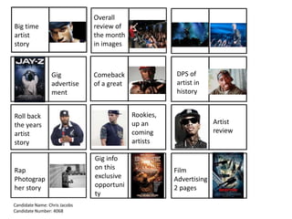 Film
Advertising
2 pages
Rap
Photograp
her story
Rookies,
up an
coming
artists
Big time
artist
story
Comeback
of a great
Overall
review of
the month
in images
Gig
advertise
ment
Roll back
the years
artist
story
DPS of
artist in
history
Gig info
on this
exclusive
opportuni
ty
Artist
review
Candidate Name: Chris Jacobs
Candidate Number: 4068
 