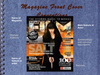 Magazine Front Cover
Conventions

Name of
Magazine

Main feature or
Actor
Stamps/
Buttons

Name of
feature or
artist

Subheadings
with minimal
description

Barcode

 