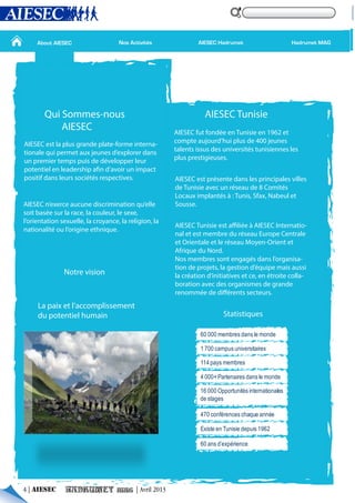 Hadrumet MAG
AIESEC est la plus grande plate-forme interna-
tionale qui permet aux jeunes d’explorer dans
un premier temps puis de développer leur
potentiel en leadership afin d’avoir un impact
positif dans leurs sociétés respectives.
AIESEC Tunisie
AIESEC n’exerce aucune discrimination qu’elle
soit basée sur la race, la couleur, le sexe,
l’orientation sexuelle, la croyance, la religion, la
nationalité ou l’origine ethnique.
AIESEC fut fondée en Tunisie en 1962 et
compte aujourd’hui plus de 400 jeunes
talents issus des universités tunisiennes les
plus prestigieuses.
AIESEC est présente dans les principales villes
de Tunisie avec un réseau de 8 Comités
Locaux implantés à : Tunis, Sfax, Nabeul et
Sousse.
AIESEC Tunisie est affiliée à AIESEC Internatio-
nal et est membre du réseau Europe Centrale
et Orientale et le réseau Moyen-Orient et
Afrique du Nord.
Nos membres sont engagés dans l’organisa-
tion de projets, la gestion d’équipe mais aussi
la création d’initiatives et ce, en étroite colla-
boration avec des organismes de grande
renommée de différents secteurs.
Notre vision
La paix et l’accomplissement
du potentiel humain Statistiques
Qui Sommes-nous
AIESEC
60 000 membres dans le monde
1 700 campus universitaires
114 pays membres
4 000+ Partenaires dans le monde
16 000 Opportunités internationales
de stages
470 conférences chaque année
Existe en Tunisie depuis 1962
60 ans d’expérience
About AIESEC AIESEC HadrumetNos Activités Hadrumet MAG
4 | AIESEC | Avril 2013
 