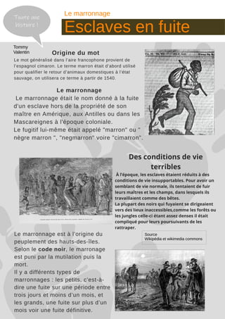 Le marronnage
Esclaves en fuite
Source
Wikipédia et wikimedia commons
Toute une
histoire !
Tommy
Valentin
 