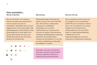 4




Even voorstellen...
Wij zijn TriamFloat                        Wat wij doen                               Wij leren zelf ook

Wij zijn TriamFloat, een ambitieus         Opleidingskundige dienstverlening          Onze consultants werken samen met
bureau met eigen-wijze professionals       bieden op maat, dat is wat TriamFloat      hun collega’s van ons zusterbedrijf
met een passie voor leren en               doet. We adviseren, onderzoeken,           Giraffe HR aan hun expertise. Thema’s
ontwikkelen. Wij hebben naam en faam       ontwerpen en ontwikkelen.                  die zij, om u van dienst te zijn, samen
opgebouwd als Triam (sinds 1983), Float    Voorbeelden van ons werk:                  uitdiepen zijn: Positioneren en
Opleidingspartners (sinds 1997) en Float   implementatie van nieuwe vormen            Professionaliseren van Leren (PPL),
Onderwijspartners (sinds 2005). Per 1      van leren en toetsen, formulering van      Talent- en Organisatieontwikkeling,
januari 2010 vormen we samen met           strategisch opleidingsbeleid, uitvoering   E-HRM & leren en ICT,
Giraffe HR de HR-tak van The Human         onderzoek naar leerbehoeften,              Generatiemanagement, HR in het
Network for Professionals.                 ontwerp van leertrajecten en curricula     onderwijs en Compensation & Benefits.
                                           op maat, ontwikkeling van (blended)
                                           leermiddelen en toetsen.



                                           We hebben ervaring in de branches
                                           Onderwijs, Overheid, Zorg & Welzijn,
                                           Techniek, Logistiek & Industrie en
                                           Zakelijke Dienstverlening & Retail.
 