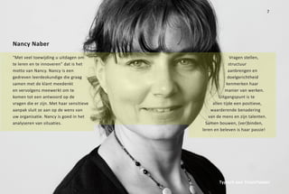 7




Nancy Naber

“Met veel toewijding u uitdagen om                       Vragen stellen,
te leren en te innoveren” dat is het                    structuur
motto van Nancy. Nancy is een                           aanbrengen en
gedreven leerdeskundige die graag                       doelgerichtheid
samen met de klant meedenkt                            kenmerken haar
en vervolgens meewerkt om te                          manier van werken.
komen tot een antwoord op de                       Uitgangspunt is te
vragen die er zijn. Met haar sensitieve        allen tijde een positieve,
aanpak sluit ze aan op de wens van            waarderende benadering
uw organisatie. Nancy is goed in het         van de mens en zijn talenten.
analyseren van situaties.                   Samen bouwen, (ver)binden,
                                          leren en beleven is haar passie!




                                                  Typisch een TriamFloater
 