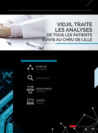 Alors que ce logiciel est opérationnel,
l’objectif est maintenant de le rendre
aussi accessible que possible aux
médecins et aux patients. En étroite
collaboration avec le centre de
biologie-pathologie génétique du
CHRU de Lille, l’équipe-projet Bonsai
continue à travailler pour améliorer
l’algorithme et la visualisation
de Vidjil pour rendre les résultats
plus facilement lisibles pour les
hématologues. Grande fierté pour
les chercheurs, le logiciel est utilisé
de manière systématique au CHRU
de Lille. “Depuis le 1er
janvier, tous
les patients du Nord-Pas de Calais
et de Picardie atteints de leucémie
aigüe voient leurs analyses
traitées par Vidjil, en parallèle
des méthodes conventionnelles”,
précise l’équipe. Enfin, pour favoriser
encore la poursuite des recherches
sur ce logiciel, Inria a choisi de
soutenir le projet par une action
de développement. À l’automne
prochain, un jeune diplômé rejoindra
l’équipe Bonsai pour travailler durant
deux ans sur Vidjil.
º lifl.fr/bonsai
#01 juin 2015 17
Vidjil traite
les analyses
de tous les patients
suivis au CHRU de Lille
Globules
blancs
analyses
équipe-projet
bonsai
logiciel
vidjil
 
