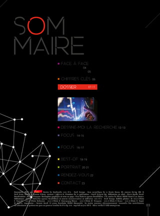 SOm
MAIRE
03
Semestriel édité par Centre de Recherche Inria Lille - Nord Europe : Parc scientifique de la Haute Borne, 40, avenue Halley. Bât. A,
Park Plaza, 59650 Villeneuve d’Ascq. contact-lille@inria.fr. Directeur de la publication : David Simplot-Ryl. Rédactrice en chef : Marie-Agnès Enard.
Coordinatrice : Marion Blasquez. Conception graphique et mise en page : Elise Cattoire agence KaméléCom, 11/1 sentier du Christ, 59960 Neuville-en-Ferrain.
Rédacteurs : Franck Deflandre agence KaméléCom et service communication et médiation Inria Lille - Nord Europe. Crédits photos : © Inria / Photo
J. Dequidt - Inria / Photo Kaksonen - Inria / Photo A. Decarpigny-Wrona - Inria / Photo M. Blasquez - Inria / Photo P. Caron - Inria / Photo N. Fagot.
© Fotolia. Impression : Format Carré 16 place Gambetta 59290 Wasquehal. Le centre remercie chaleureusement l’ensemble des contributeurs,
collaborateurs et partenaires pour ce premier numéro de Lille by Inria. Imprimé en juin 2015 - Série limitée à 1000 exemplaires.
dessine-moi la recherchE 12-13
focus 14-15
• Une collaboration transatlantique branchée sur courant continu
focus 16-17
• Donne-moi ton sang, je te dirai quels sont tes globules blancs
best-of 18-19
portrait 20-21
rendez-vous 22
contact 23
dossier
• L’excellence scientifique au service du transfert et de la société
07-11
face a face
• Daniel Percheron 04
• Frédérique Grigolato 05
chiffres cles 06
 