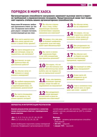 тЕСт       23


поРЯдок в МиРе хАоСА
Организаторские способности заслуженно занимают высокое место в переч-
не требований к управленческим позициям. Представленный ниже тест позво-
ляет оценить степень ваших организаторских способностей.
Перед вами 20 вопросов, требую-
щих однозначного ответа «да» или
«нет». В опросном листе необхо-
                                      7   Вы обычно стреми-
                                          тесь к тому, чтобы
                                      окружающие поступали
                                                                        13       Вы обычно актив-
                                                                                 ны на собраниях?
                                                                        _______________________________
димо рядом с номером поставить        в соответствии с вашими
соответствующий для вас ответ.        мнениями или советами?
                                      _______________________________   14     Это верно, что вы
                                                                               стараетесь избегать
                                                                        ситуаций, когда нужно до-

1   Вам часто удается скло-
    нить своих друзей или
коллег к своей точке зрения?
                                      8    Это верно, что у вас ред-
                                           ко бывают конфликты
                                      с друзьями, если они нару-
                                                                        казывать свою правоту?
                                                                        _______________________________

_______________________________       шают свои обязательства?
                                      _______________________________   15       Вас раздражают по-
                                                                                 ручения и просьбы?

2   Вы часто попадаете в та-
    кие ситуации, когда за-
                                      9   Вы часто в своем
                                                                        _______________________________

трудняетесь, как поступить?
_______________________________
                                          окружении бере-
                                      те на себя инициативу
                                      при принятии решения?
                                                                        17      Вы обычно охот-
                                                                                но берете на себя
                                                                        участие в организации

3  Доставляет ли вам
   удовольствие об-
                                      _______________________________   праздников, торжеств?
                                                                        _______________________________
щественная работа?
_______________________________       10      Это верно, что но-
                                              вая обстановка или
                                      новые обстоятельства могут        18       Вас выводит из себя,
                                                                                 когда опаздывают?

4   Вы обычно легко от-
    ступаете от своих
                                      выбить вас на первых по-
                                      рах из привычной колеи?
                                                                        _______________________________

планов и намерений?
_______________________________
                                      _______________________________
                                                                        19      К вам часто об-
                                                                                ращаются за со-


5   Вы любите придумывать
    или организовывать
                                      11      У вас, как правило,
                                              возникает чувство
                                      досады, когда что-либо из
                                                                        ветом или помощью?
                                                                        _______________________________

с окружающими игры, со-
ревнования, развлечения?
_______________________________
                                      задуманного не получается?
                                      _______________________________   20      У вас в основном полу-
                                                                                чается жить по прин-
                                                                        ципу «дал слово – держи»?


6  Вы часто откладывае-
   те на завтра то, что
                                      12      Вас раздражает,
                                              когда приходит-
                                      ся выступать в роли по-
                                                                        _______________________________


можно сделать сегодня?                средника или советчика?
_______________________________       _______________________________

обРАбоТкА и инТеРпРеТАциЯ РеЗУлЬТАТов

Анализ результатов начинается с сопостав-               ностей равен дроби, где числитель – сумма совпа-
ления полученных ответов с приведенным                  дений с ключом, умноженная на 100 %, а знаме-
ниже ключом.                                            натель – 20.

«Да»: 1, 3, 5, 7, 9, 11, 13, 17, 18, 19, 20             Выводы
«Нет»: 2, 4, 6, 8, 10, 12, 14, 15, 16                   • до 40% – уровень организаторских способно-
                                                          стей низкий;
Затем необходимо подсчитать сумму совпадений            • 40-70% – средний;
с ключом. Коэффициент организаторских способ-           • свыше 70% – высокий.
 