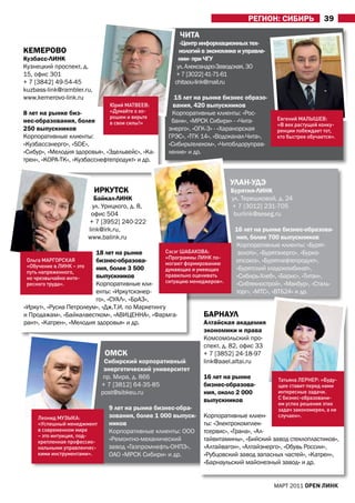 рЕГИОН: СИБИрЬ              39
                                                        чИта
                                                        «Центр информационных тех-
КЕмЕрОВО                                                нологий в экономике и управле-
Кузбасс-ЛИНК                                            нии» при чГУ
Кузнецкий проспект, д.                                 ул. александро-Заводская, 30
15, офис 301                                          + 7 [3022] 41-71-61
+ 7 [3842] 49-54-45                                   chitaou-link@mail.ru
kuzbass-link@rambler.ru,
www.kemerovo-link.ru                                  15 лет на рынке бизнес образо-
                                 Юрий МАТВЕЕВ:        вания, 420 выпускников
8 лет на рынке биз-              «Думайте о хо-      Корпоративные клиенты: «Рос-
                                 рошем и верьте                                            Евгений МАЛЫШЕВ:
нес-образования, более           в свои силы!»       банк», «МРСК Сибири» - «Чита-
                                                                                           «В век растущей конку-
250 выпускников                                     энерго», «ОГК-3» - «Харанорская        ренции побеждает тот,
Корпоративные клиенты:                              ГРЭС», «ТГК 14», «Водоканал-Чита»,     кто быстрее обучается».
«Кузбассэнерго», «SDE»,                             «Сибирьтелеком», «Читоблдоруправ-
«Сибур», «Мелодия здоровья», «Эдельвейс», «Ка-      ление» и др.
трен», «КОРа-ТК», «Кузбасснефтепродукт» и др.


                                                                          УЛаН-УДЭ
                            ИрКУтСК                                       Бурятия-ЛИНК
                            Байкал-ЛИНК                                   ул. Терешковой, д. 24
                            ул. Урицкого, д. 8,                           + 7 [3012] 231-705
                           офис 504                                        burlink@seseg.ru
                          + 7 [3952] 240-222
                          link@irk.ru,                                      16 лет на рынке бизнес-образова-
                          www.balink.ru                                     ния, более 700 выпускников
                                                                            Корпоративные клиенты: «Бурят-
                           18 лет на рынке         Сэсэг ШАБАКОВА:           золото», «Бурятэнерго», «Бурко-
                                                   «Программы ЛИНК по-
 Ольга МАРГОРСКАЯ          бизнес-образова-        могают формированию
                                                                            опсоюз», «Бурятнефтепродукт»,
 «Обучение в ЛИНК – это    ния, более 3 500                                 «Бурятский хладокомбинат»,
 путь напряженного,                                думающих и умеющих
 но чрезвычайно инте-      выпускников             правильно оценивать      «Сибирь-Хлеб», «Барис», «Титан»,
 ресного труда».           Корпоративные кли-      ситуацию менеджеров».    «Сибтехнострой», «Макбур», «Сталь-
                           енты: «Иркутскэнер-                              торг», «МТС», «ВТБ24» и др.
                           го», «СУаЛ», «БраЗ»,
«Иркут», «Русиа Петролеум», «Дж.Т.И. по Маркетингу
и Продажам», «Байкалвестком», «аВИЦЕННа», «Фармга-               БарНаУЛ
рант», «Катрен», «Мелодия здоровья» и др.                        алтайская академия
                                                                 экономики и права
                                                                 Комсомольский про-
                                                                 спект, д. 82, офис 33
                               ОмСК                              + 7 [3852] 24-18-97
                              Сибирский корпоративный            link@aael.altai.ru
                              энергетический университет
                              пр. Мира, д. 86б                   16 лет на рынке           Татьяна ЛЕРНЕР: «Буду-
                             + 7 [3812] 64-35-85                 бизнес-образова-          щее ставит перед нами
                             post@sibkeu.ru                      ния, около 2 000          интересные задачи.
                                                                 выпускников               С бизнес-образовани-
                                                                                           ем успех решения этих
                                 9 лет на рынке бизнес-обра-                               задач закономерен, а не
     Леонид МУЗЫКА:              зования, более 1 000 выпуск- Корпоративные клиен-         случаен».
     «Успешный менеджмент        ников                           ты: «Электрокомплек-
     в современном мире          Корпоративные клиенты: ООО тсервис», «Грана», «ал-
     – это интуиция, под-
     крепленная профессио-       «Ремонтно-механический          тайвитамины», «Бийский завод стеклопластиков»,
     нальными управленчес-       завод «Газпромнефть-ОНПЗ»,      «алтайвагон», «алтайэнерго», «Обувь России»,
     кими инструментами».        ОаО «МРСК Сибири» и др.         «Рубцовский завод запасных частей», «Катрен»,
                                                                 «Барнаульский майонезный завод» и др.


                                                                                          МаРТ 2011 open линк
 