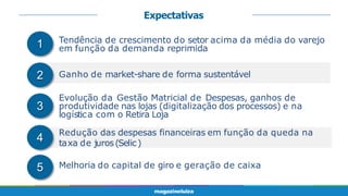 Expectativas
Redução das despesas financeiras em função da queda na
taxa de juros(Selic)
Evolução da Gestão Matricial de Despesas, ganhos de
produtividade nas lojas (digitalização dos processos) e na
logística com o Retira Loja
Tendência de crescimento do setor acima da média do varejo
em função da demanda reprimida
Ganho de market-share de forma sustentável
4
Melhoria do capital de giro e geração de caixa
1
2
3
5
 